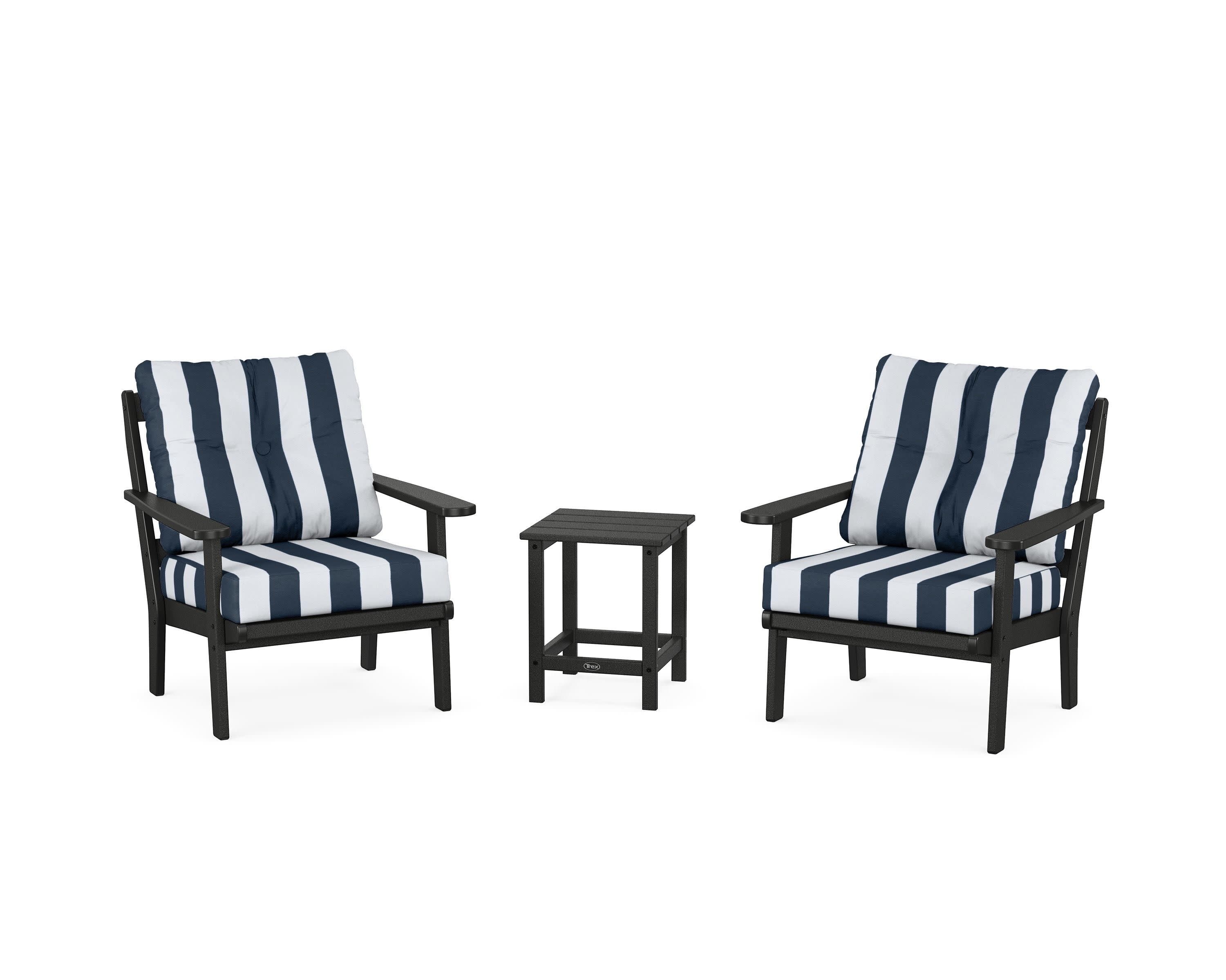 Cape Cod 3-Piece Deep Seating Set in Charcoal Black / Cabana Stripe Marine Indigo