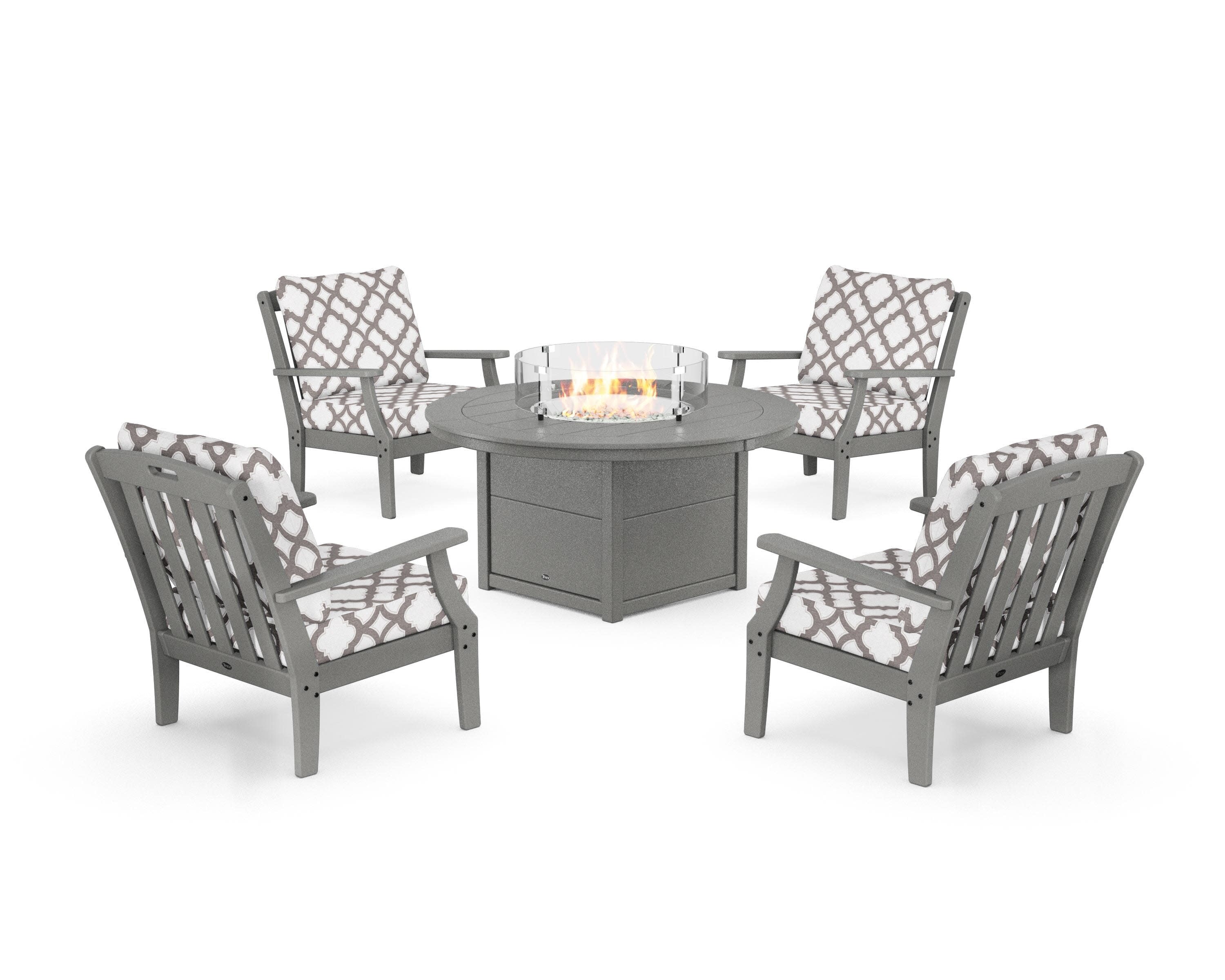 Yacht Club 5-Piece Deep Seating Set with Round Fire Pit Table in Stepping Stone / Trellis Grey Mist