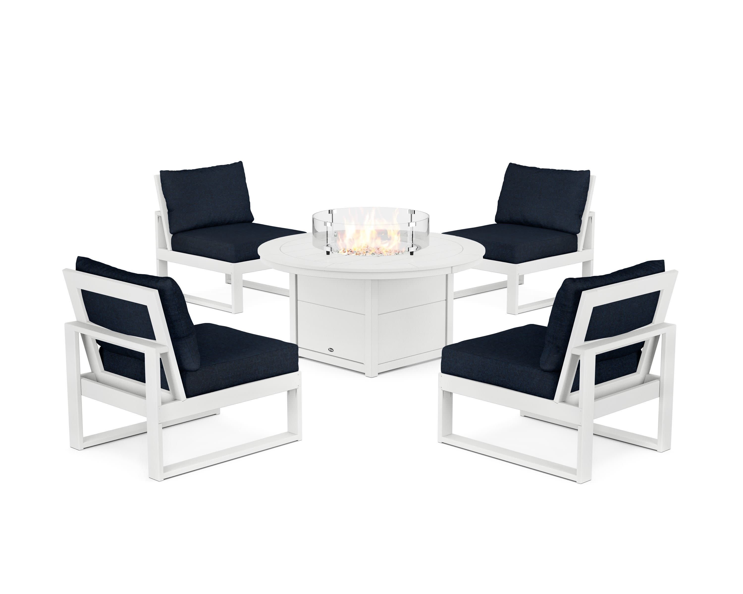 Eastport Modular 5-Piece Deep Seating Set with Round Fire Pit Table in Classic White / Marine Indigo