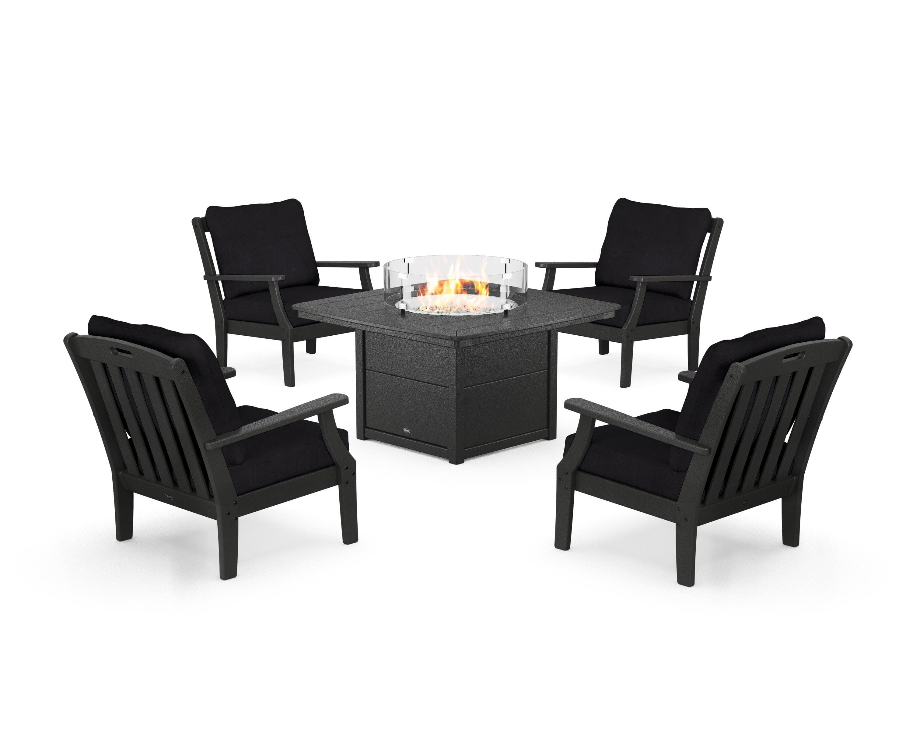 Yacht Club 5-Piece Deep Seating Set with Fire Pit Table in Charcoal Black / Midnight Linen