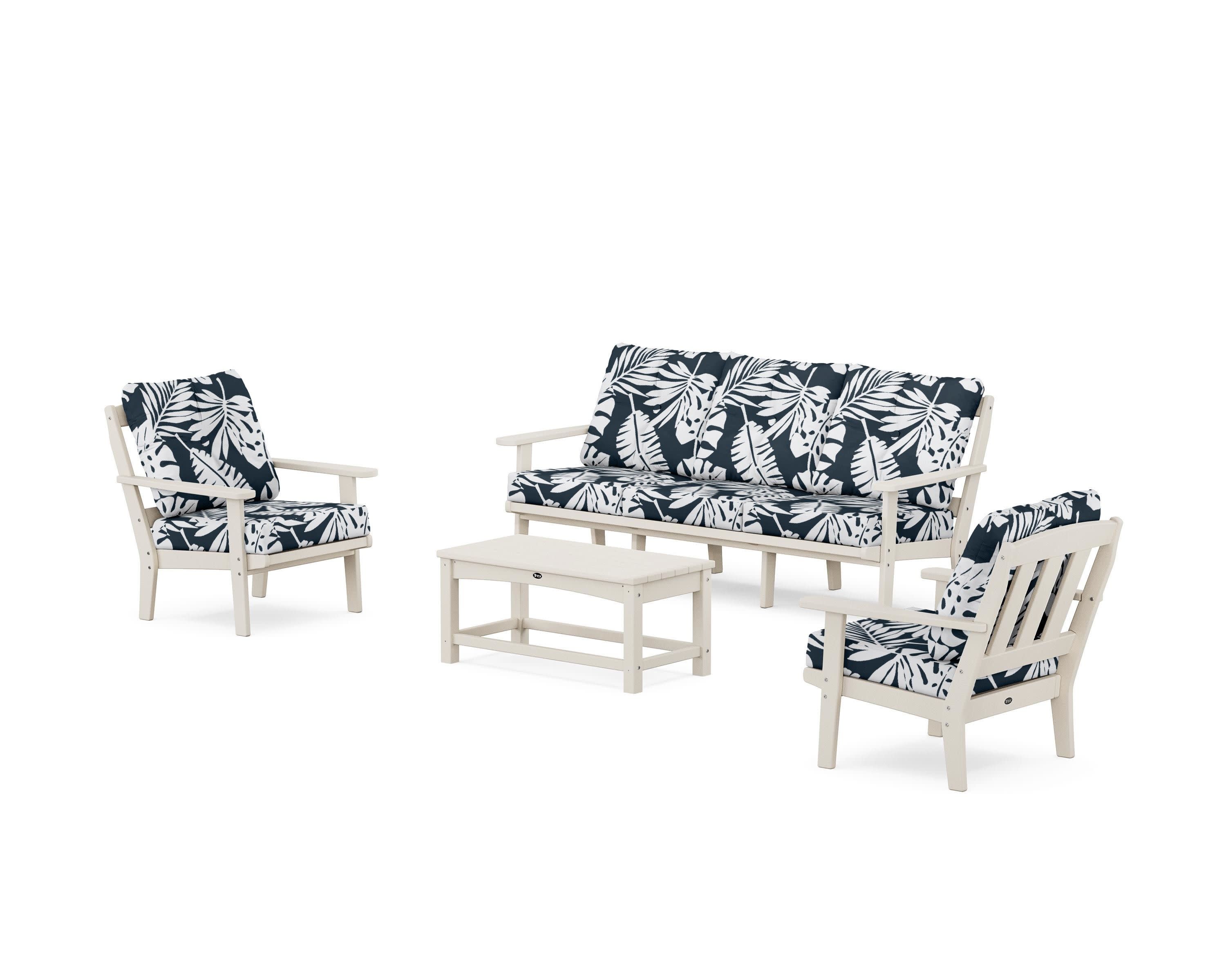 Cape Cod 4-Piece Deep Seating Set with Sofa in Sand Castle / Leaf Marine Indigo