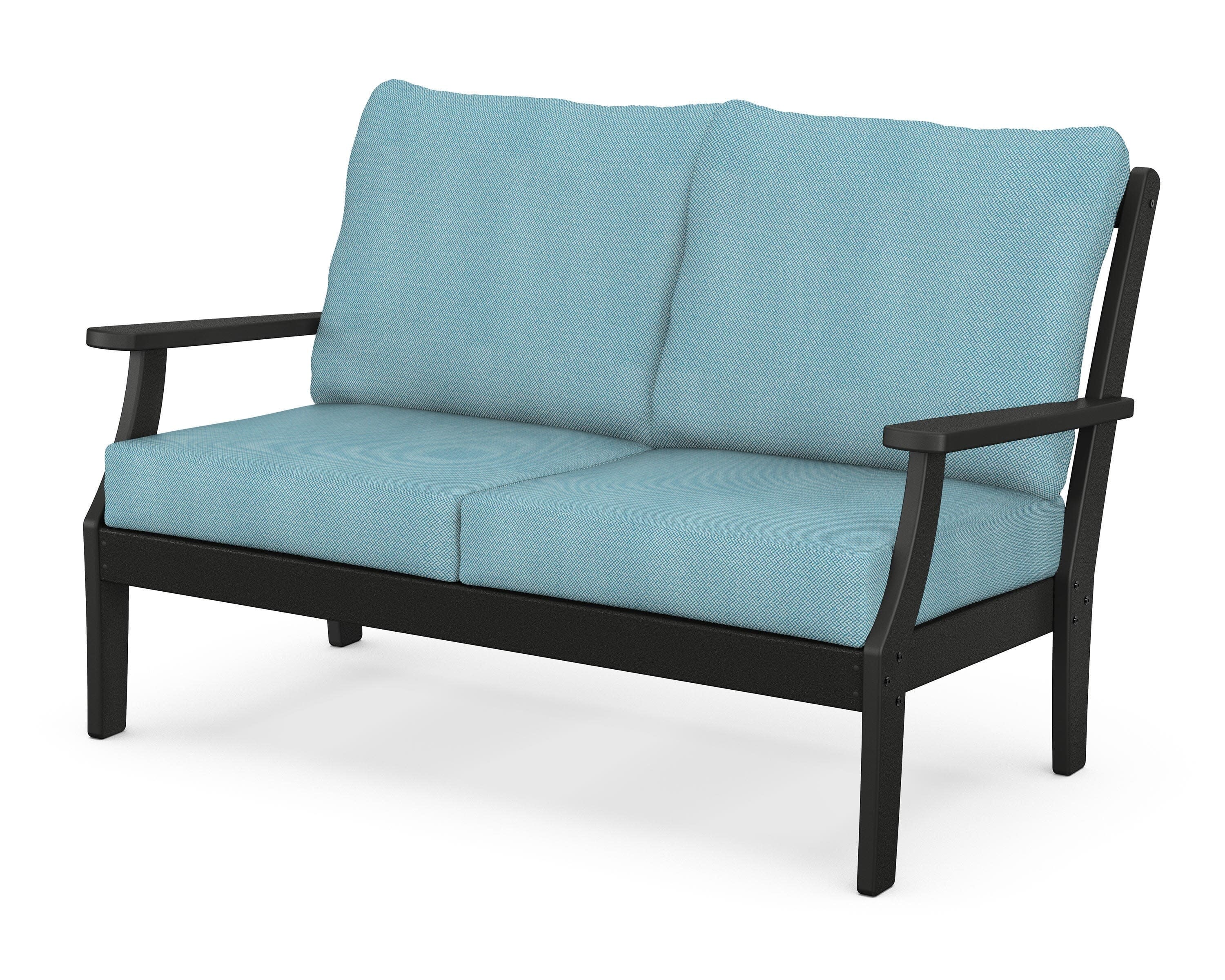 Yacht Club Deep Seating Loveseat in Charcoal Black / Lattice Sky Blue