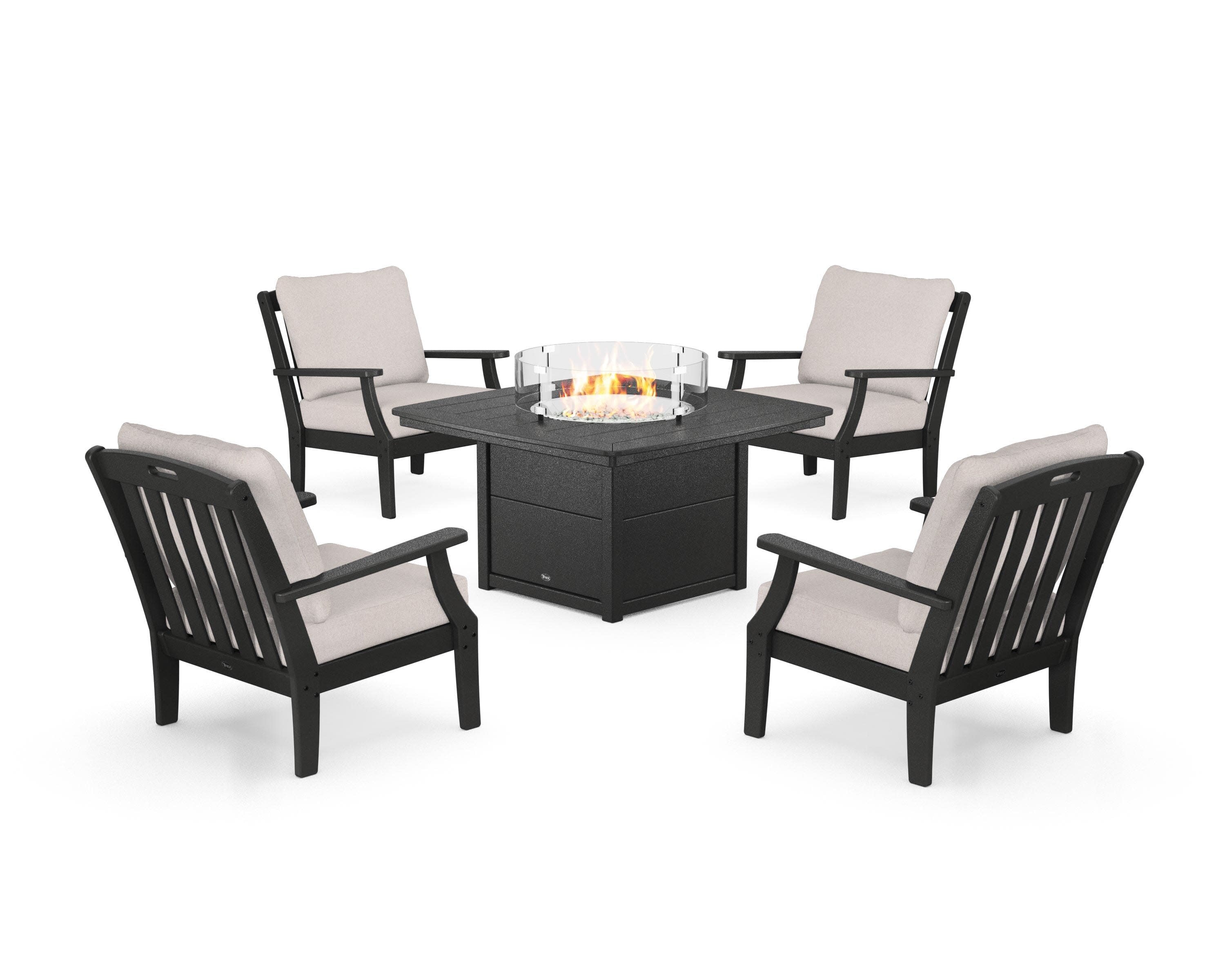 Yacht Club 5-Piece Deep Seating Set with Fire Pit Table in Charcoal Black / Dune Burlap