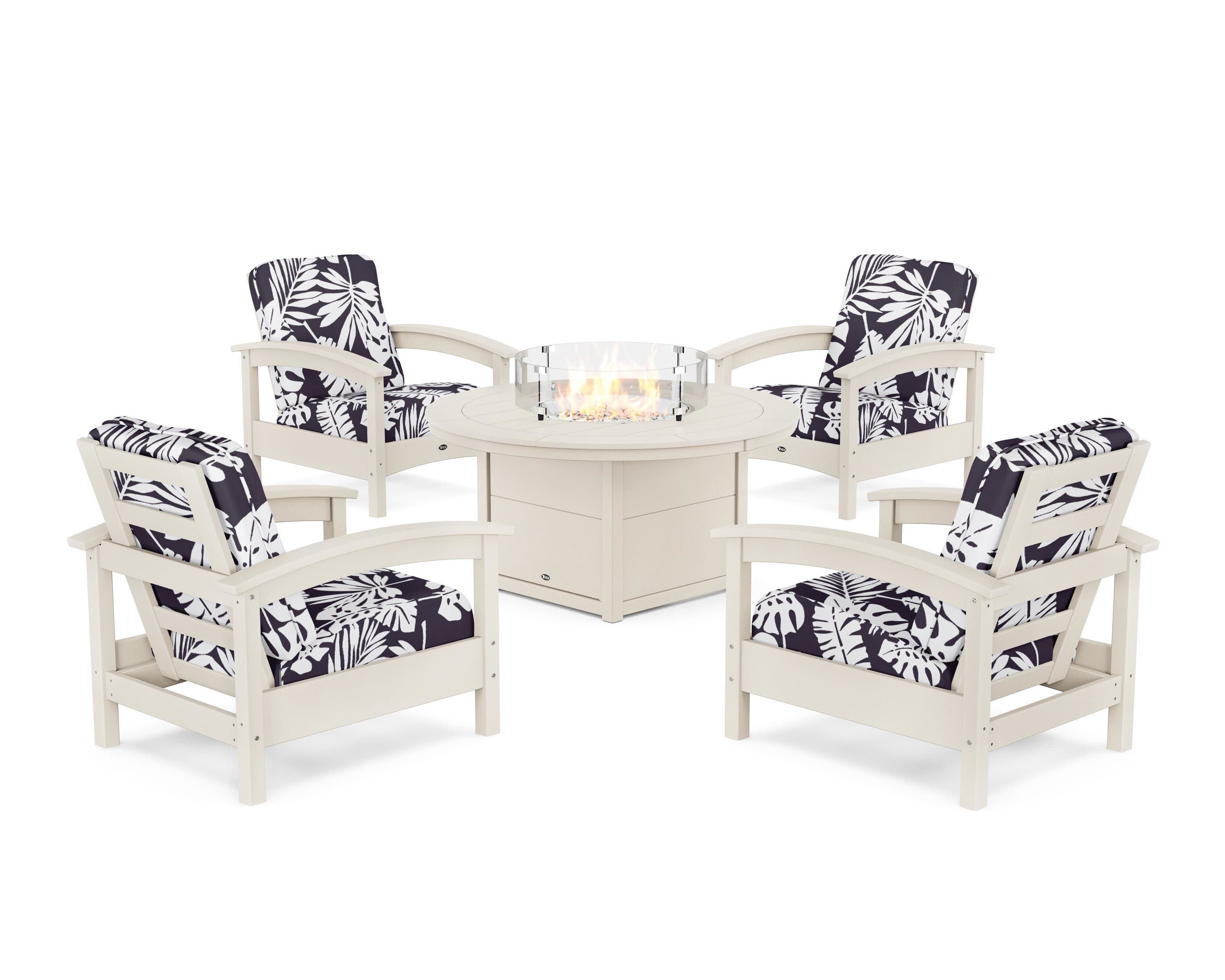 Rockport 5-Piece Deep Seating Set with Round Fire Pit Table in Sand Castle / Leaf Navy