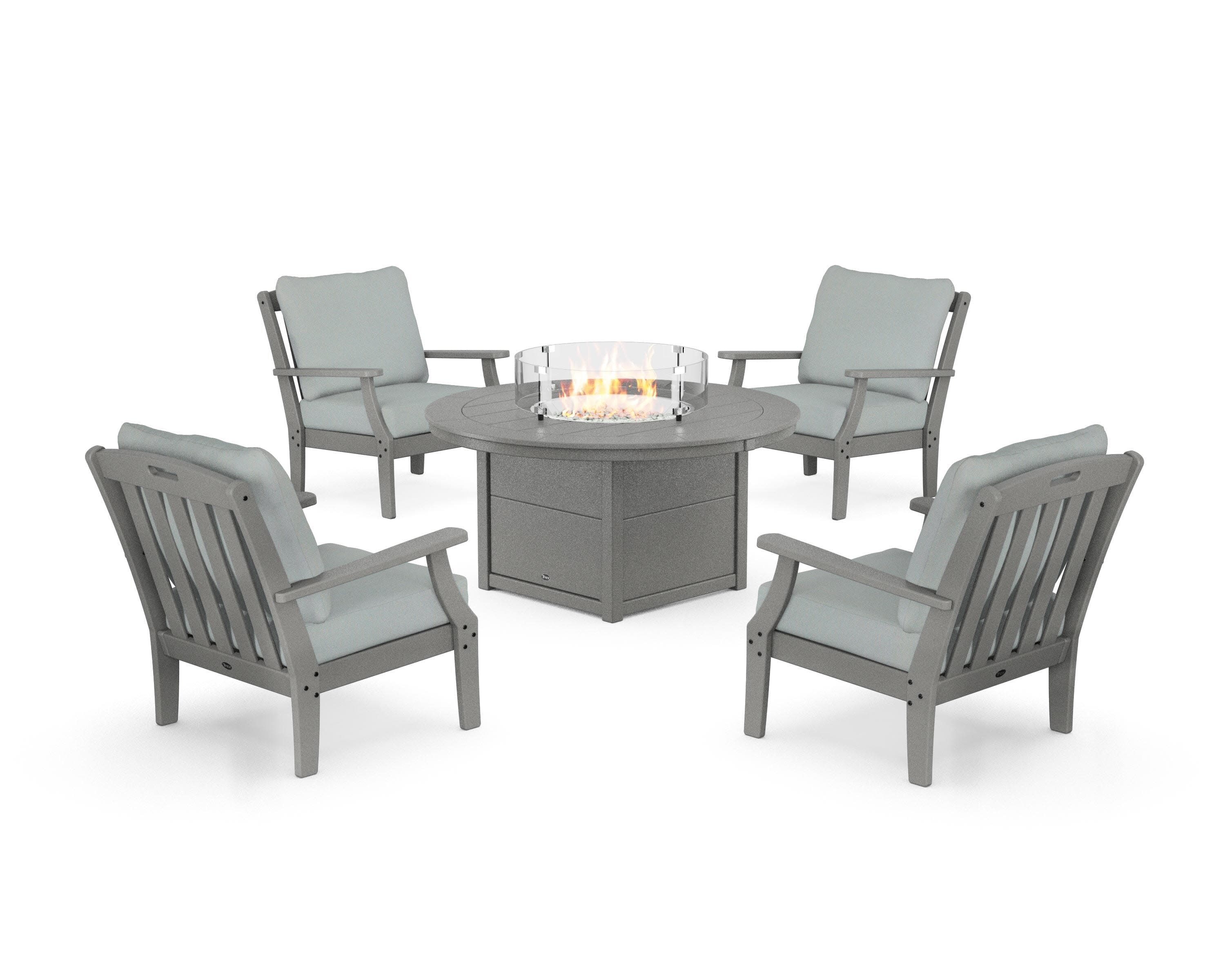 Yacht Club 5-Piece Deep Seating Set with Round Fire Pit Table in Stepping Stone / Spa