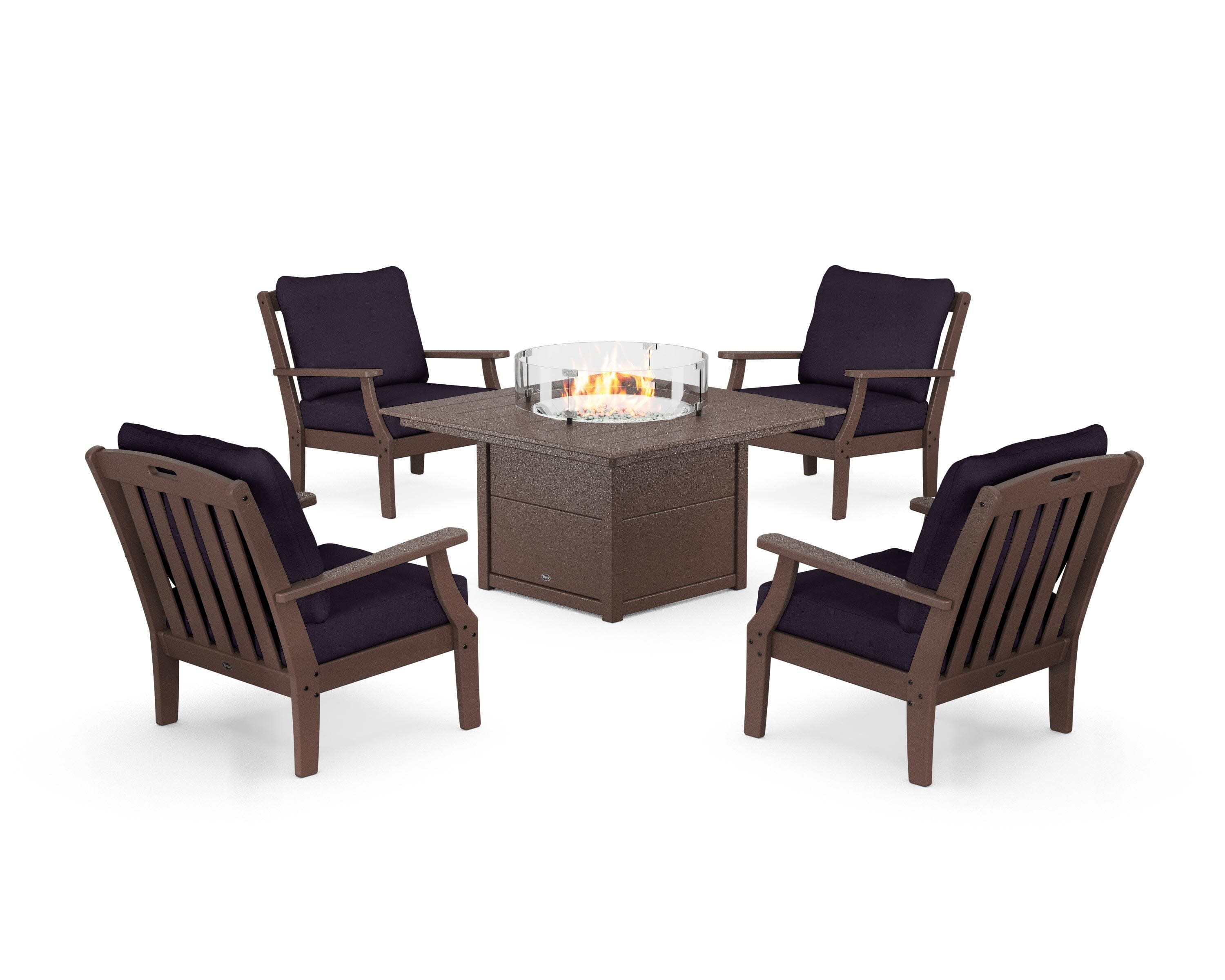 Yacht Club 5-Piece Deep Seating Set with Square Fire Pit Table in Vintage Lantern / Navy Linen