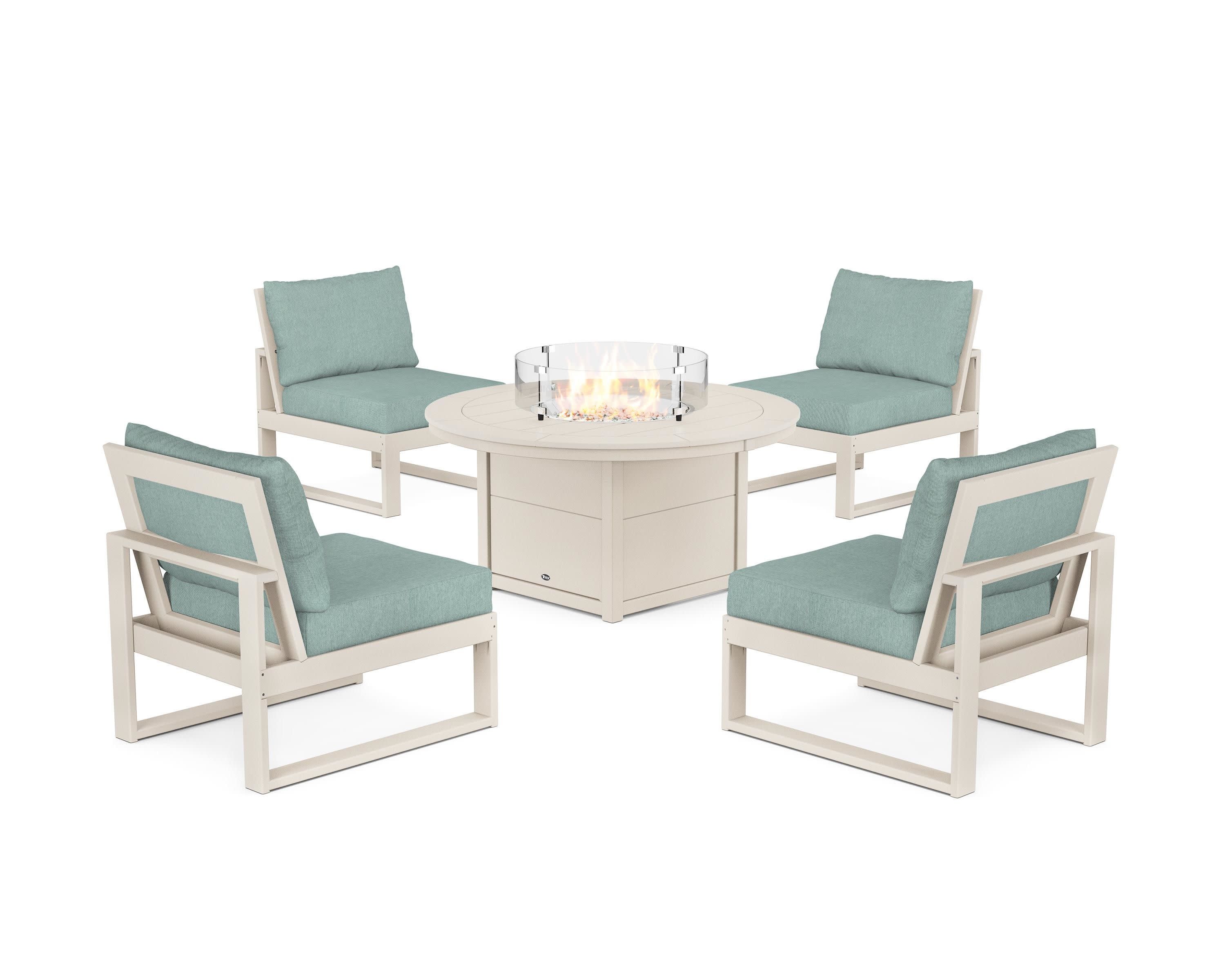 Eastport Modular 5-Piece Deep Seating Set with Round Fire Pit Table in Sand Castle / Glacier Spa