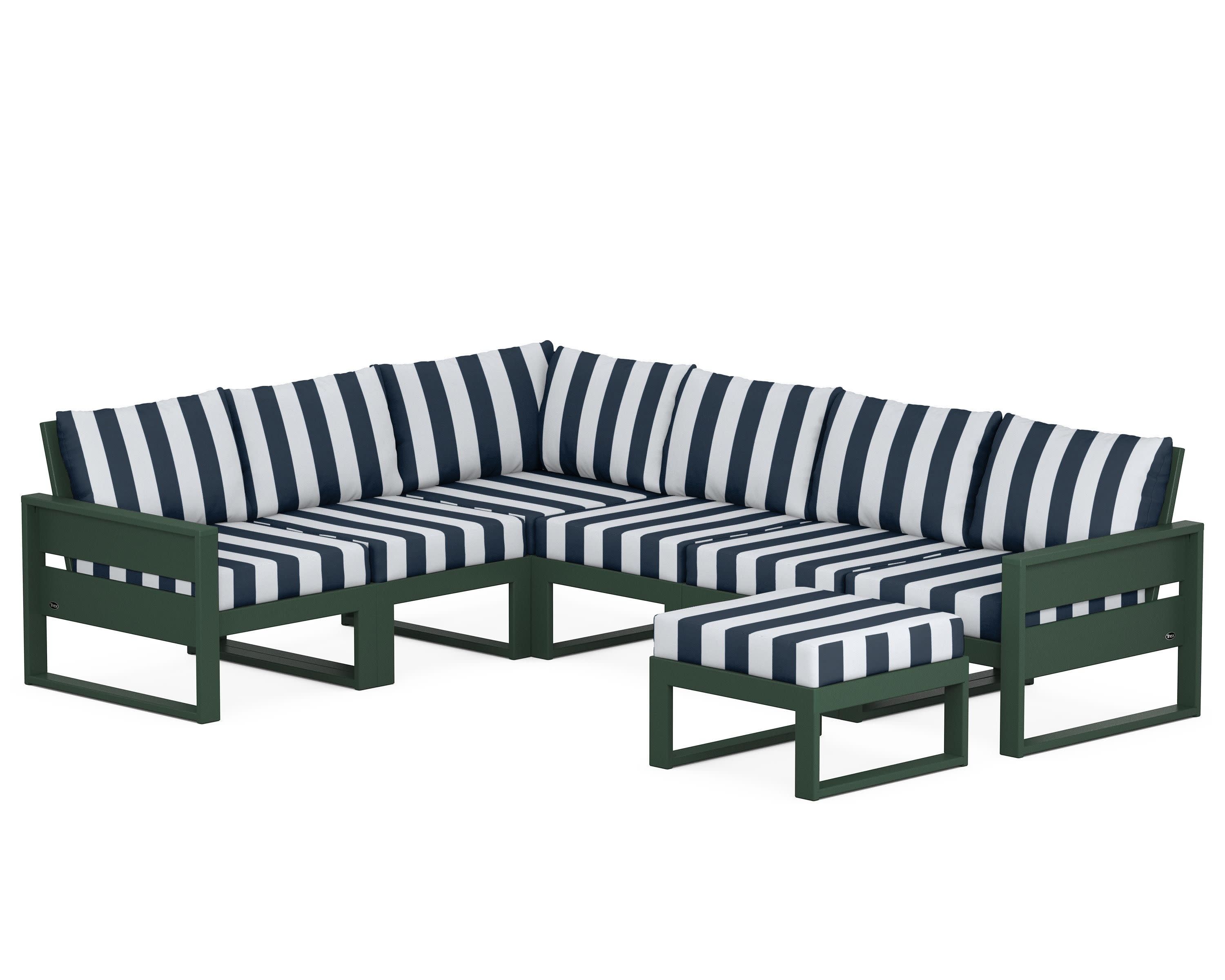 Eastport 6-Piece Sectional with Ottoman in Rainforest Canopy / Cabana Stripe Marine Indigo