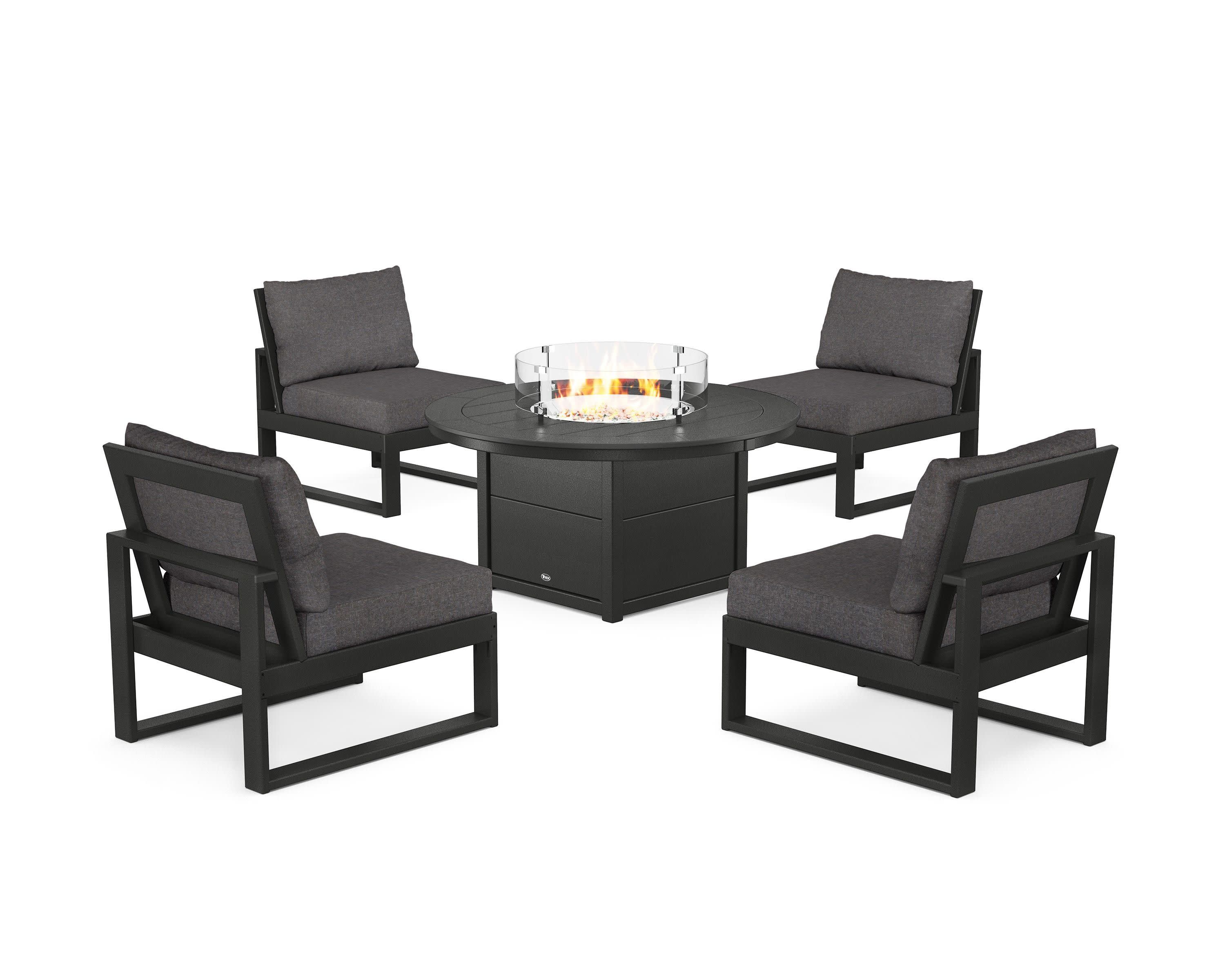 Eastport Modular 5-Piece Deep Seating Set with Round Fire Pit Table in Charcoal Black / Ash Charcoal