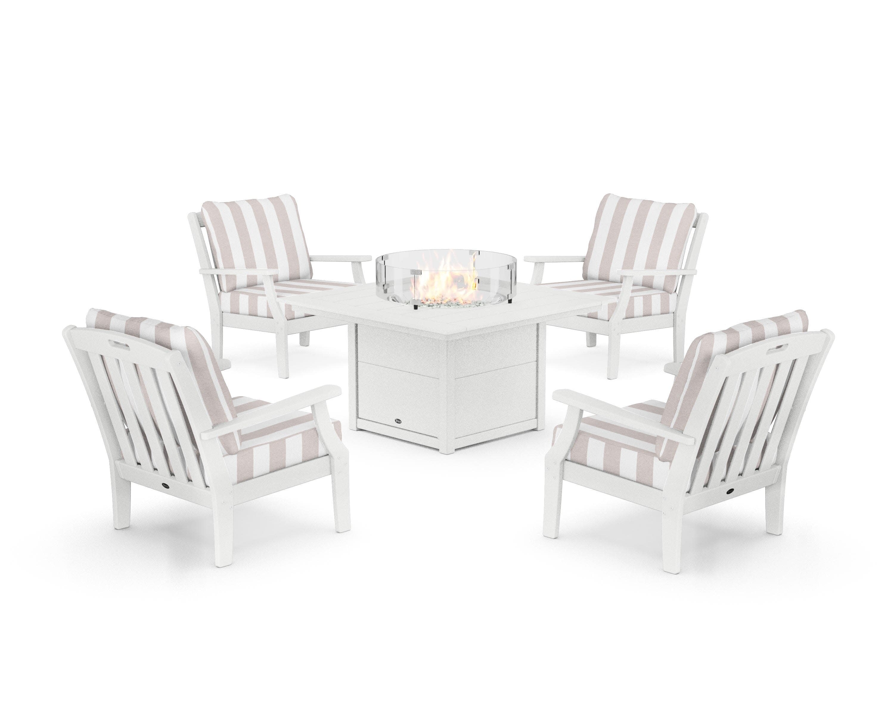 Yacht Club 5-Piece Deep Seating Set with Square Fire Pit Table in Classic White / Cabana Stripe Dune Burlap