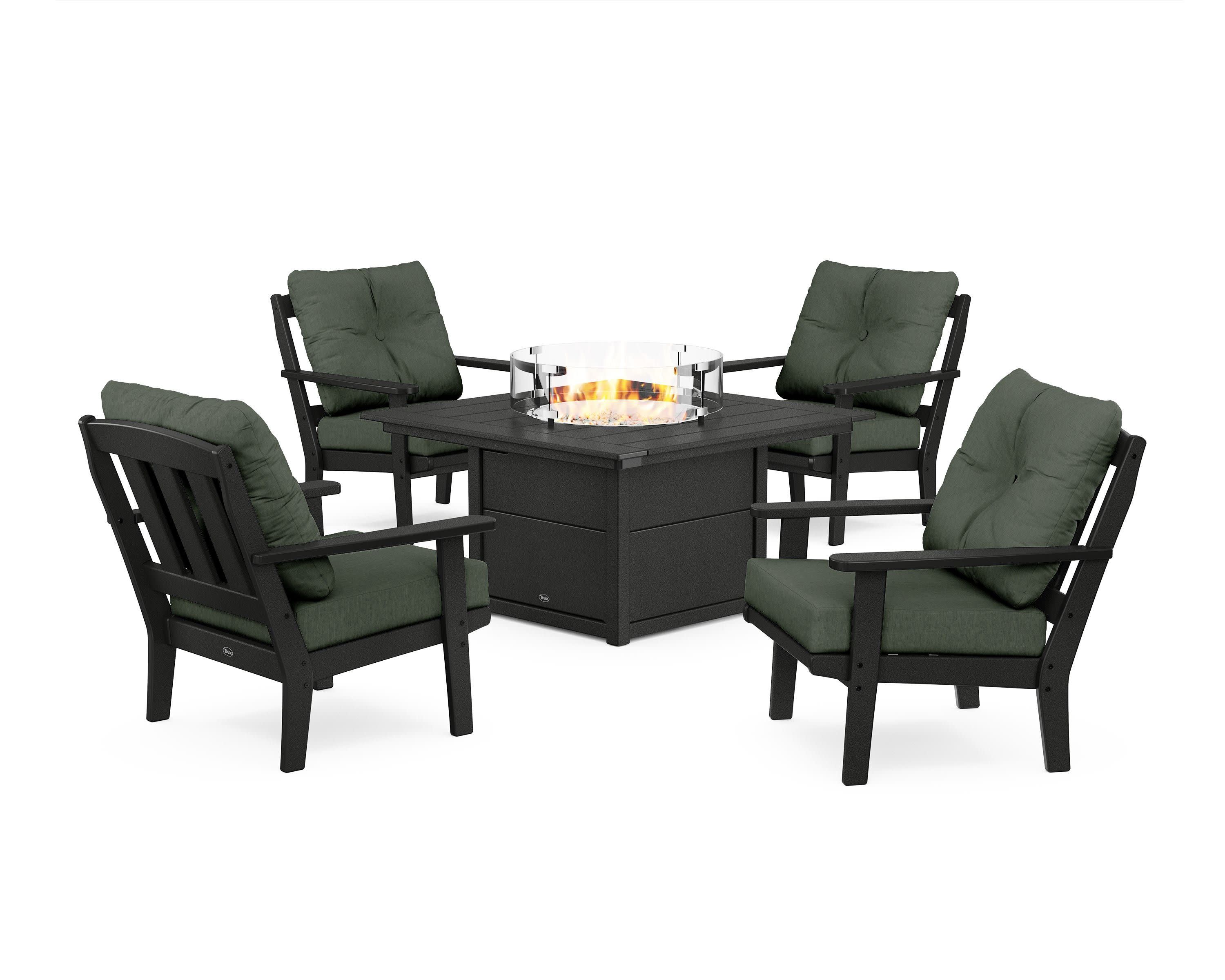 Cape Cod 5-Piece Deep Seating Set with Fire Pit Table in Charcoal Black / Cast Sage