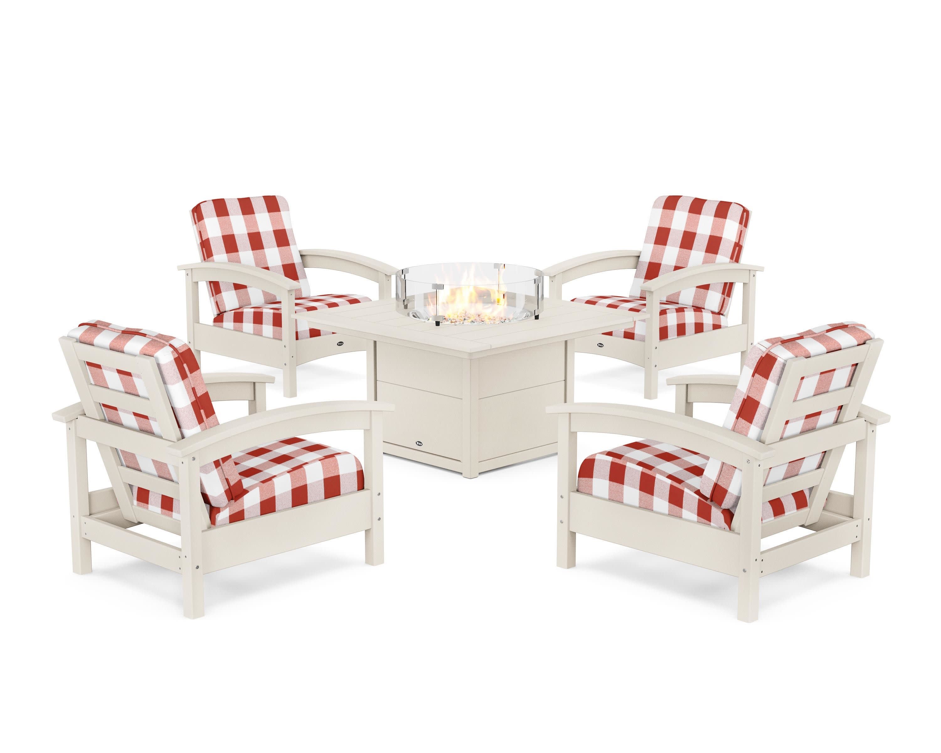 Rockport 5-Piece Deep Seating Set with Square Fire Pit Table in Sand Castle / Buffalo Plaid Crimson