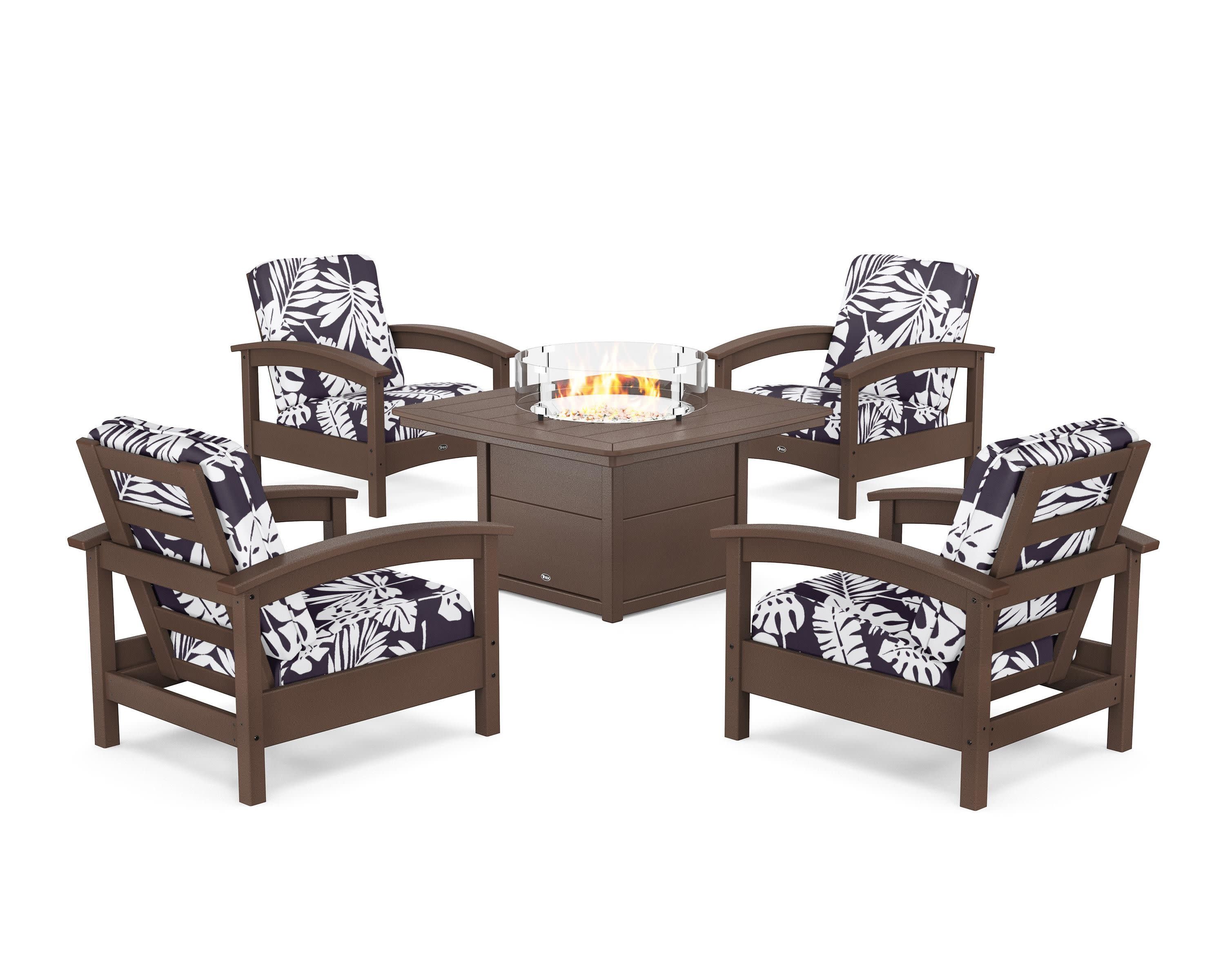 Rockport 5-Piece Deep Seating Set with Yacht Club Fire Pit Table in Vintage Lantern / Leaf Navy