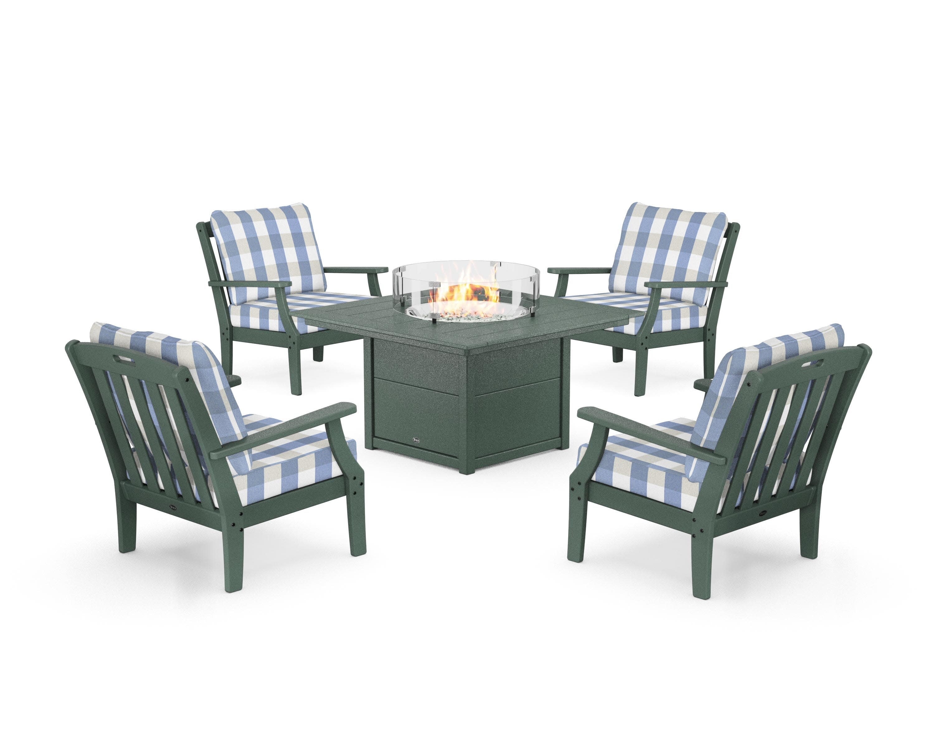 Yacht Club 5-Piece Deep Seating Set with Square Fire Pit Table in Rainforest Canopy / Buffalo Plaid Sky Blue
