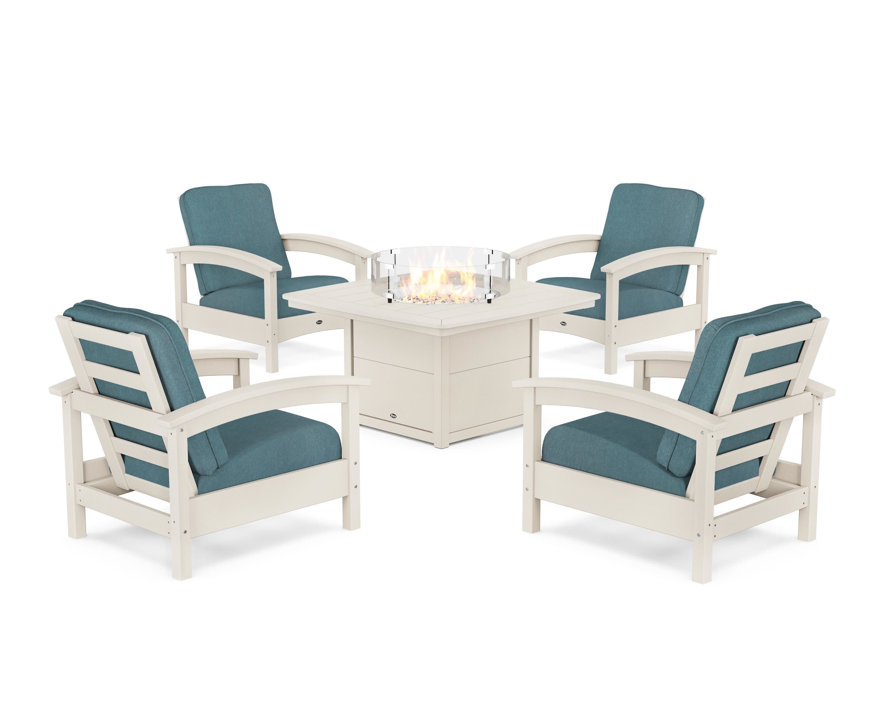 Rockport 5-Piece Deep Seating Set with Yacht Club Fire Pit Table in Sand Castle / Ocean Teal