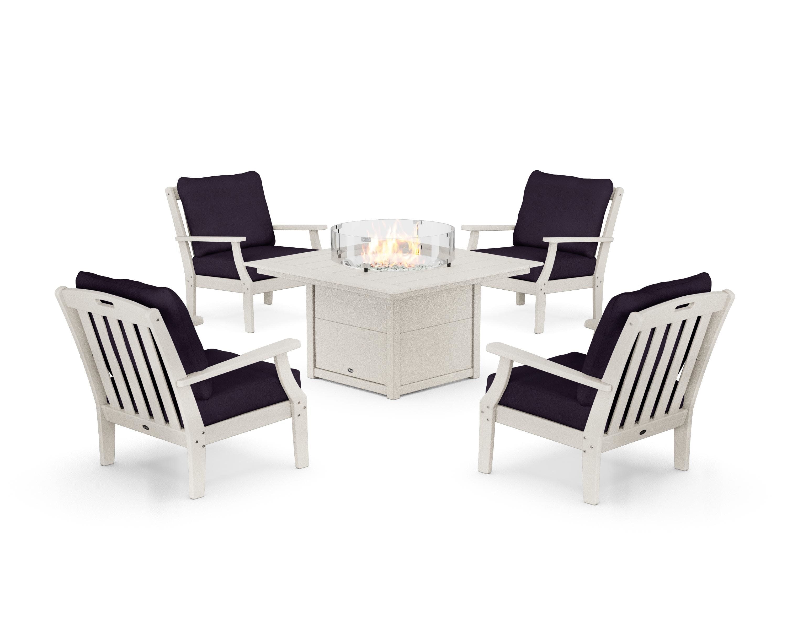 Yacht Club 5-Piece Deep Seating Set with Square Fire Pit Table in Sand Castle / Navy Linen