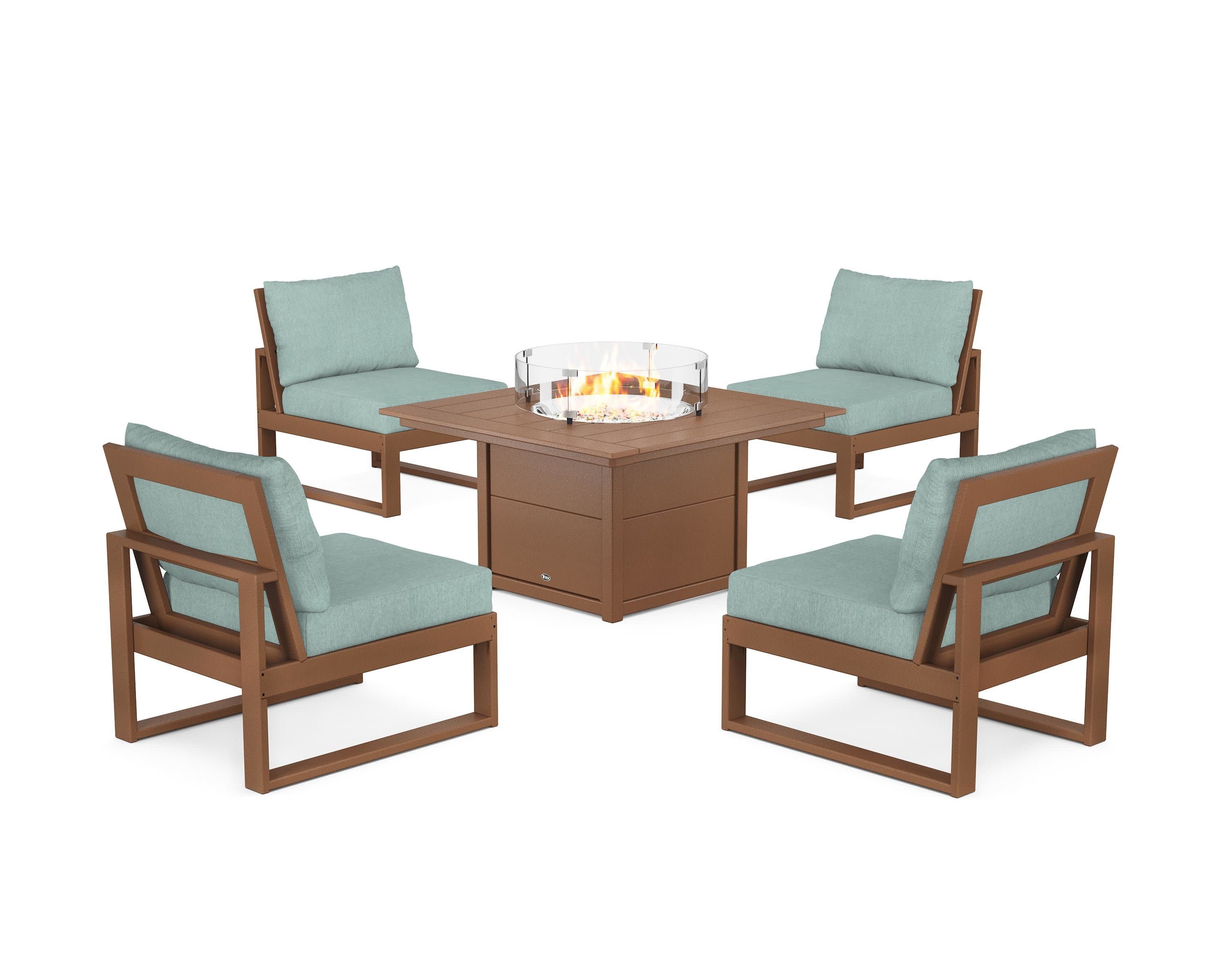 Eastport Modular 5-Piece Deep Seating Set with Square Fire Pit Table in Tree House / Glacier Spa
