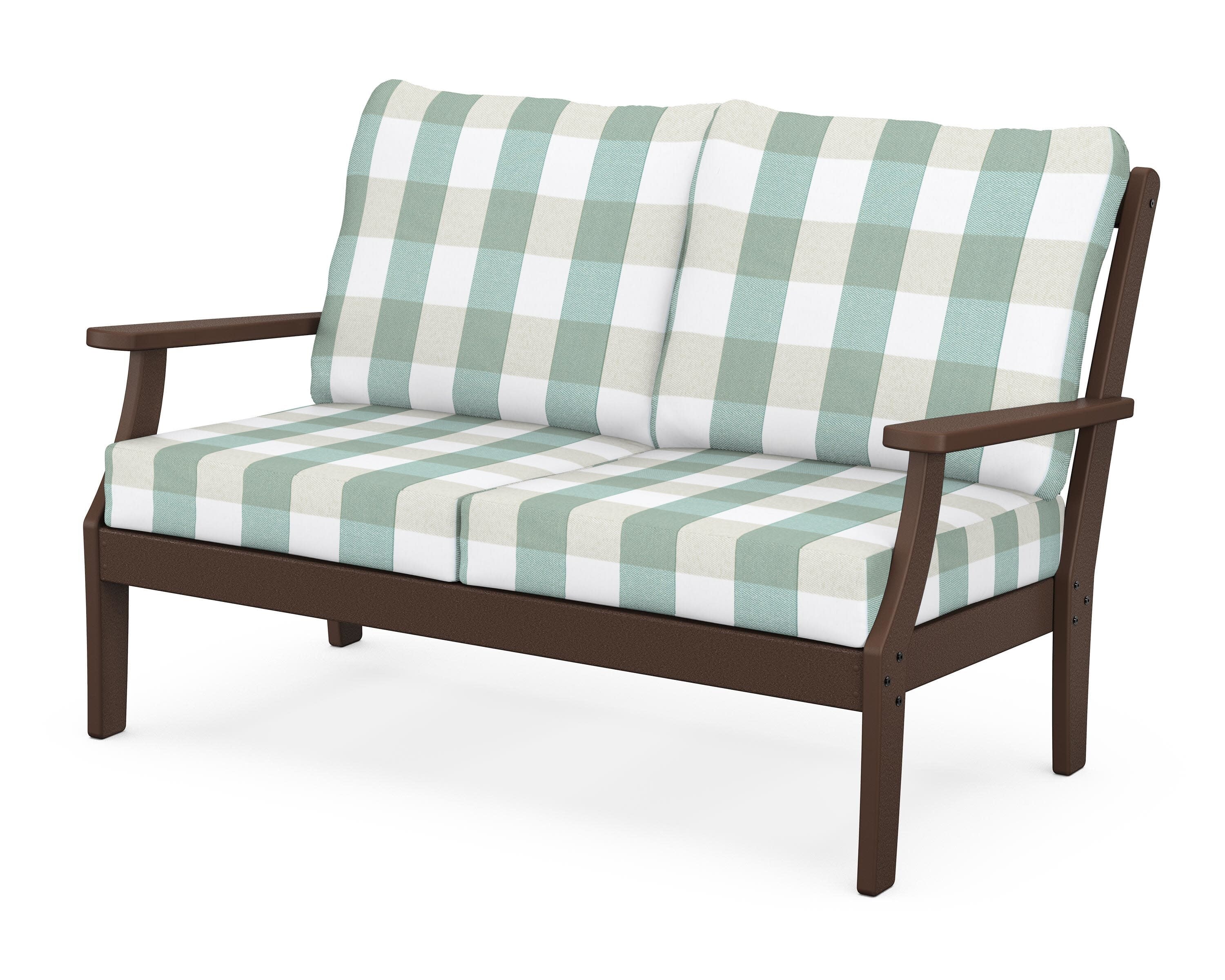 Yacht Club Deep Seating Loveseat in Vintage Lantern / Buffalo Plaid Glacier Spa