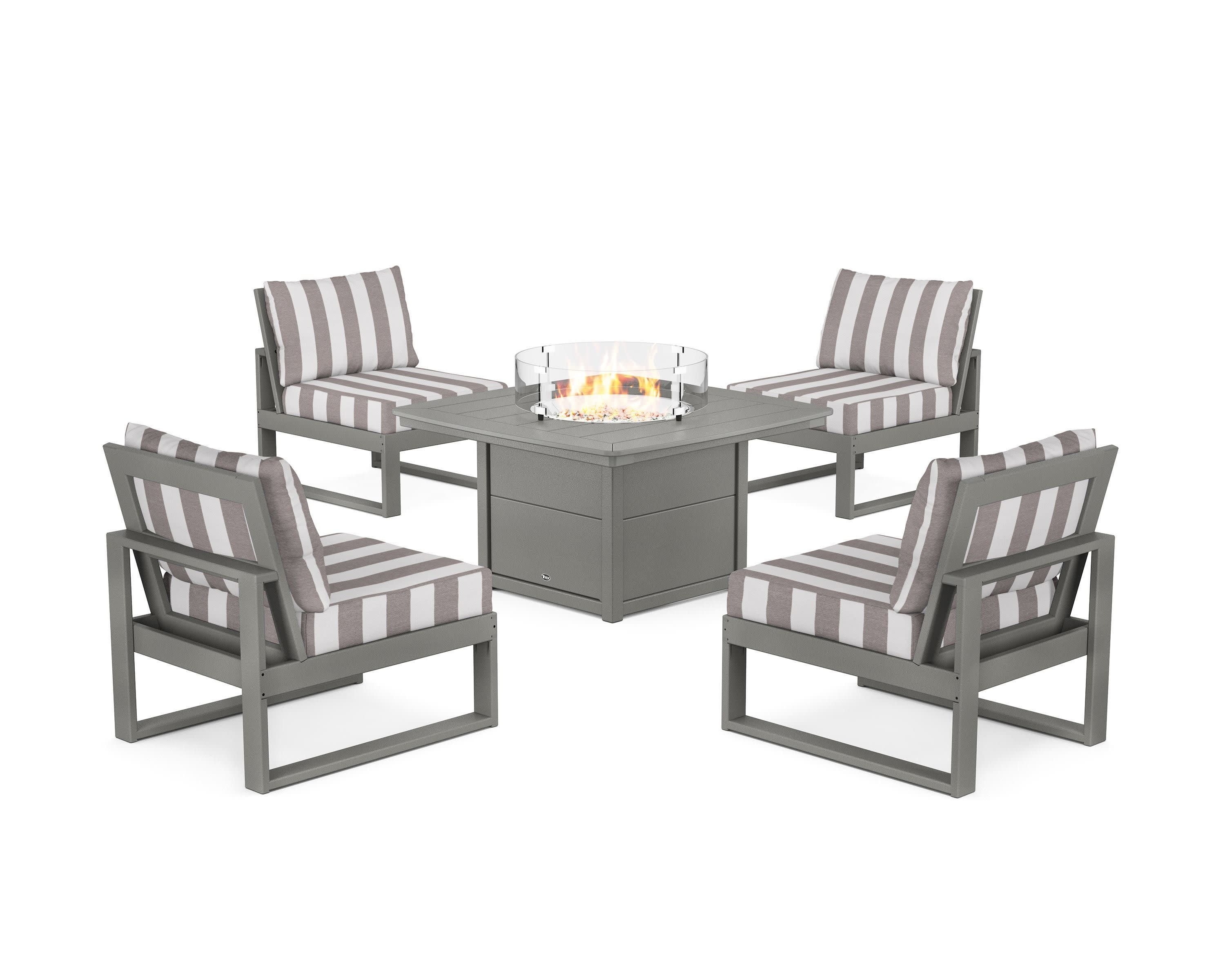 Eastport Modular 5-Piece Deep Seating Set with Yacht Club Fire Pit Table in Stepping Stone / Cabana Stripe Grey Mist