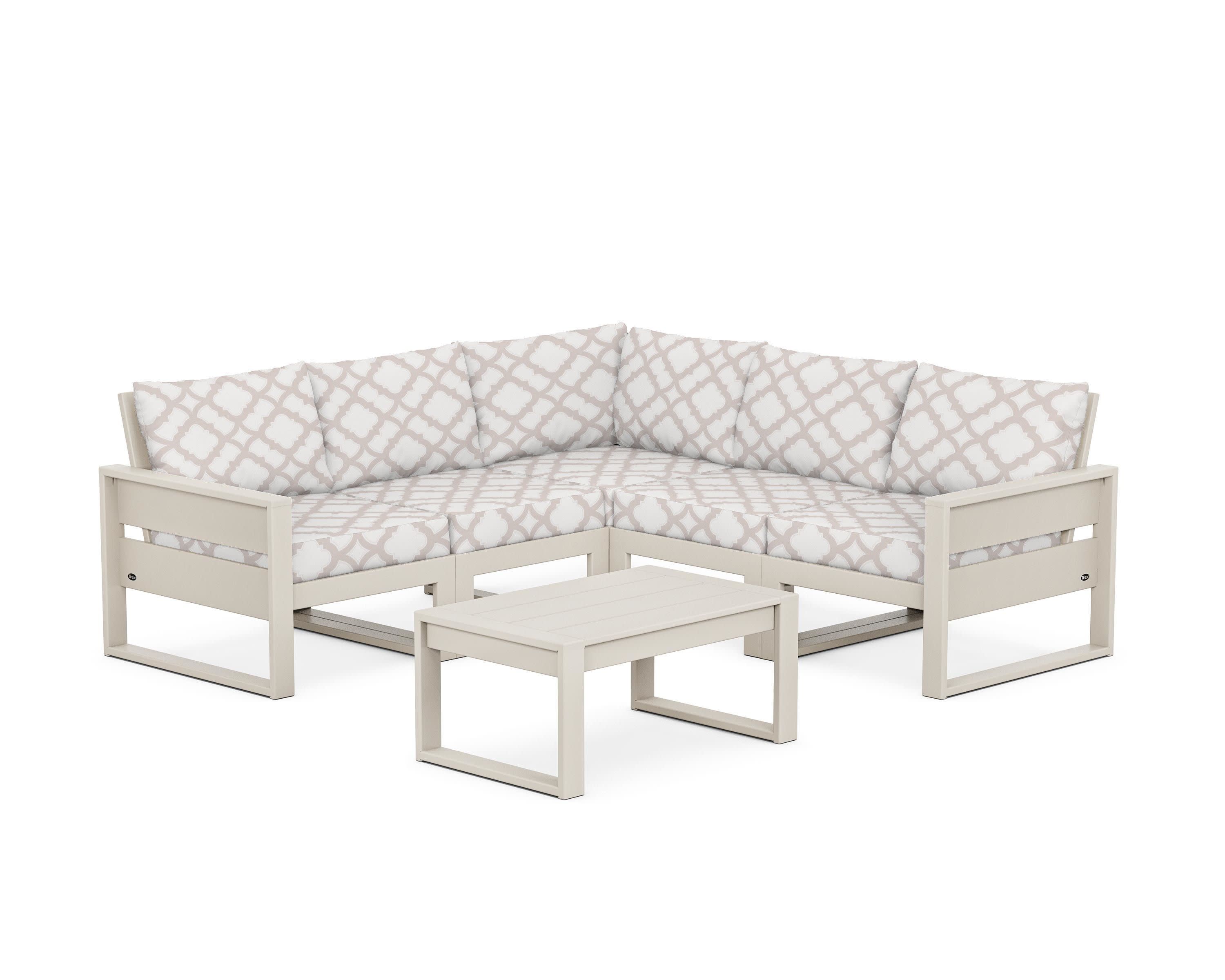 Eastport 6-Piece Deep Seating Sectional + Coffee Table Set in Sand Castle / Trellis Dune Burlap
