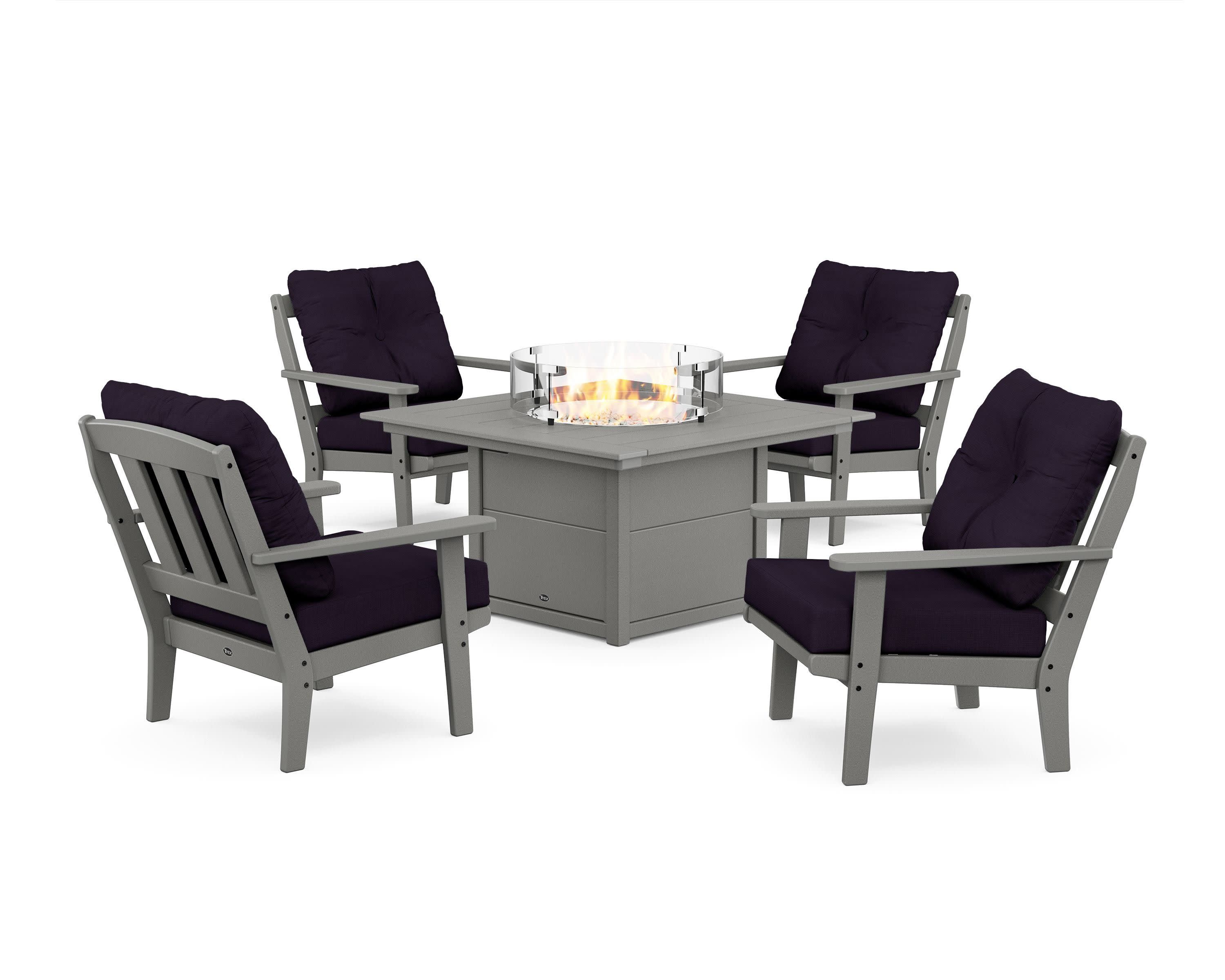 Cape Cod 5-Piece Deep Seating Set with Fire Pit Table in Stepping Stone / Navy Linen