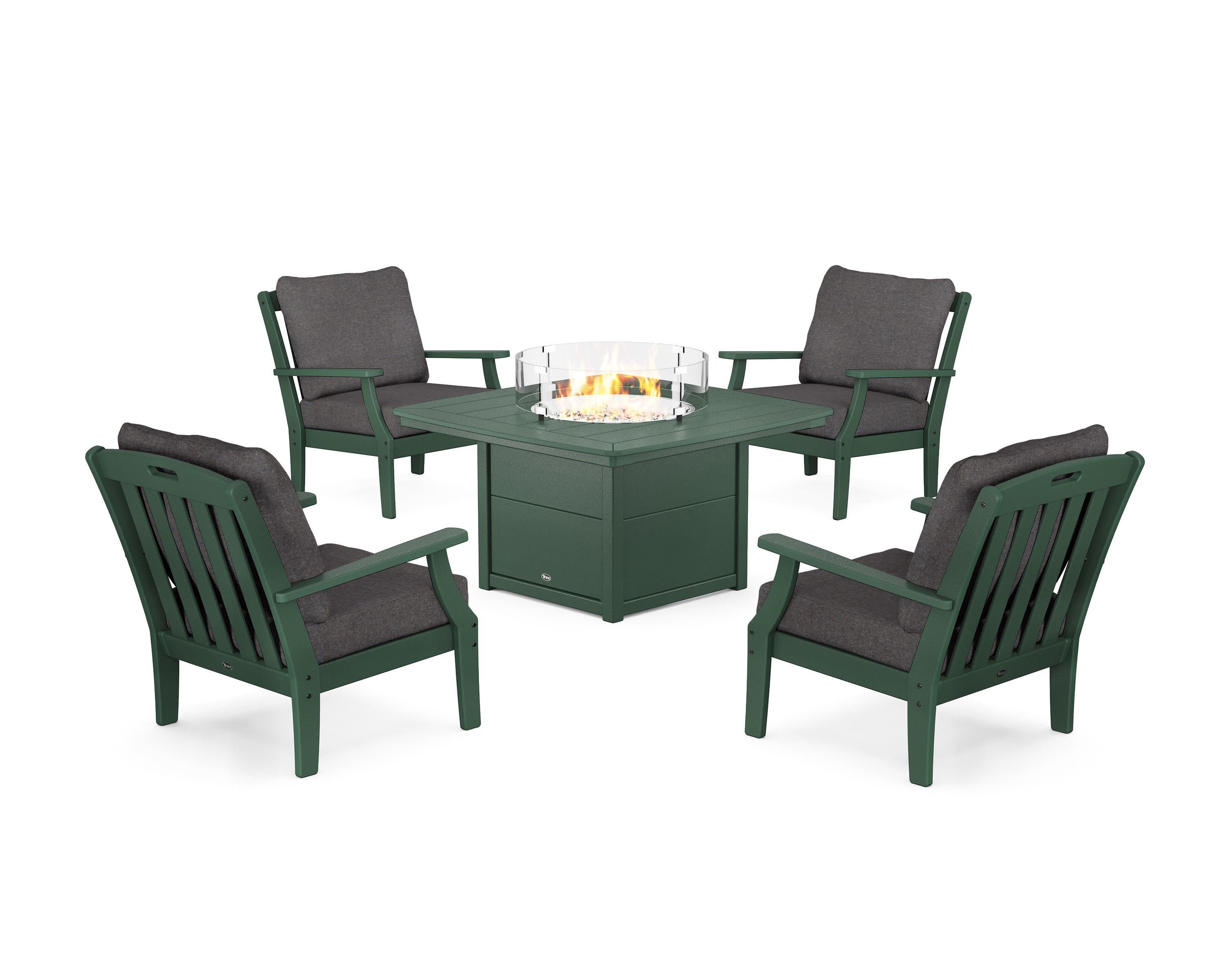 Yacht Club 5-Piece Deep Seating Set with Fire Pit Table in Rainforest Canopy / Ash Charcoal