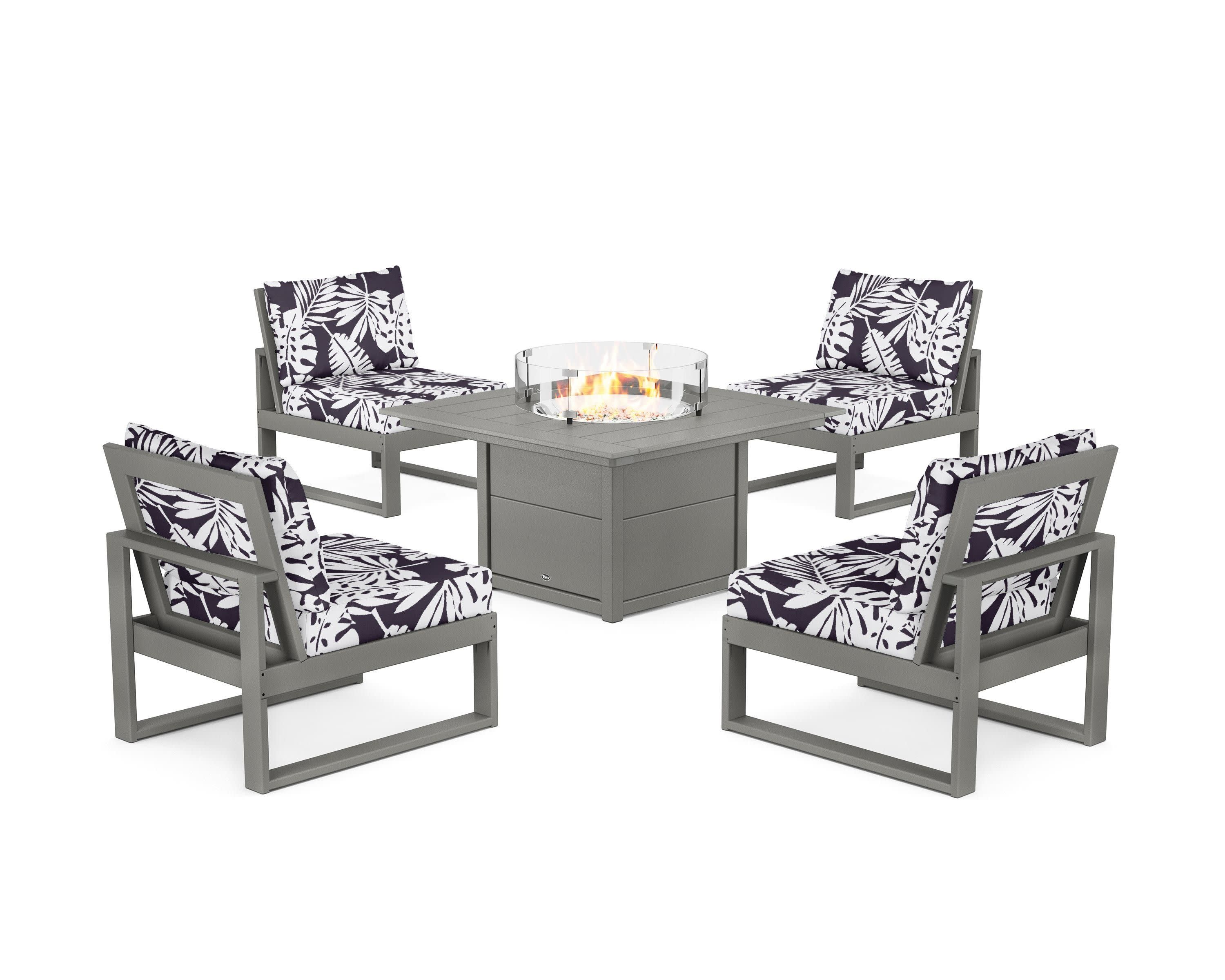 Eastport Modular 5-Piece Deep Seating Set with Square Fire Pit Table in Stepping Stone / Leaf Navy