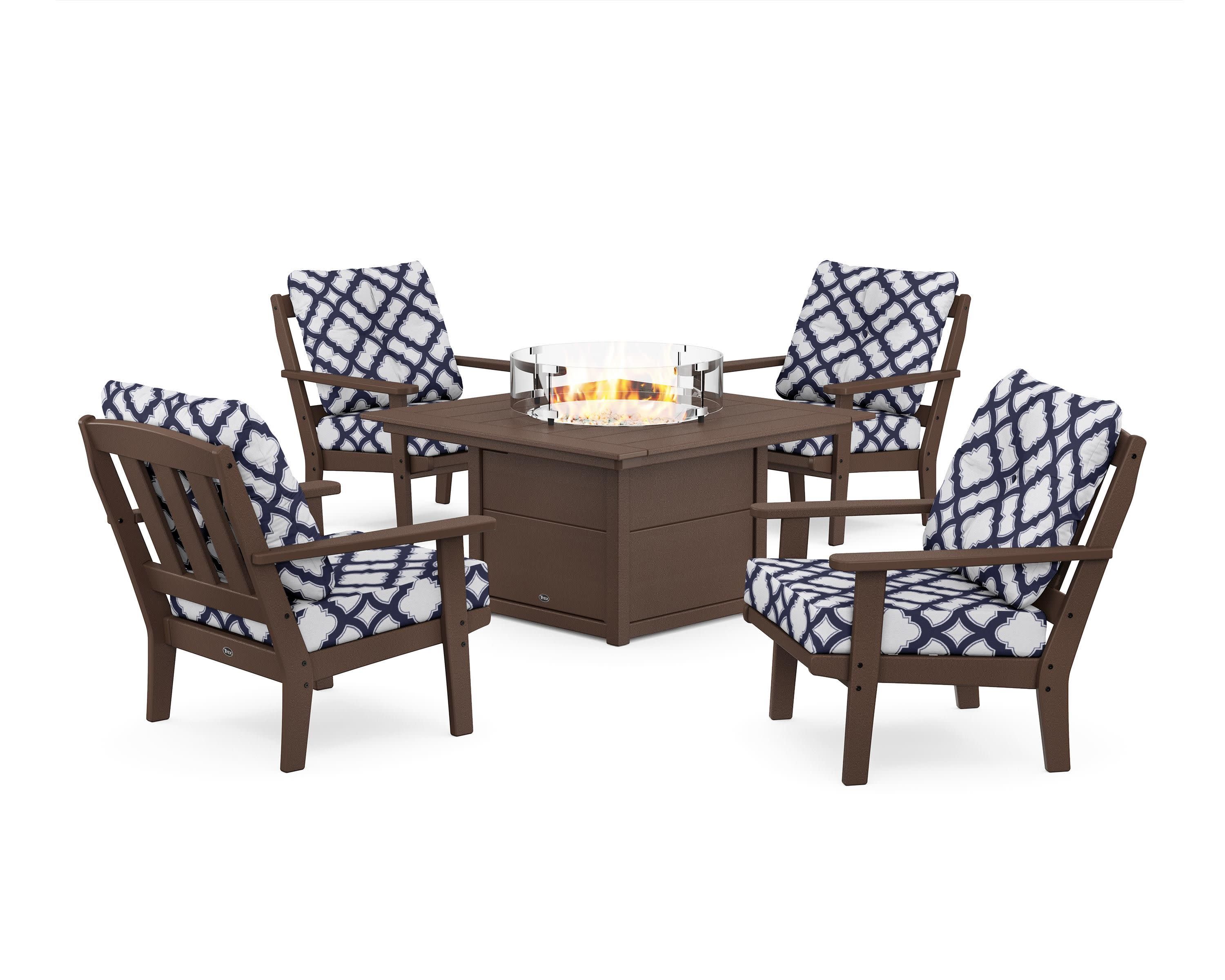 Cape Cod 5-Piece Deep Seating Set with Fire Pit Table in Vintage Lantern / Trellis Navy