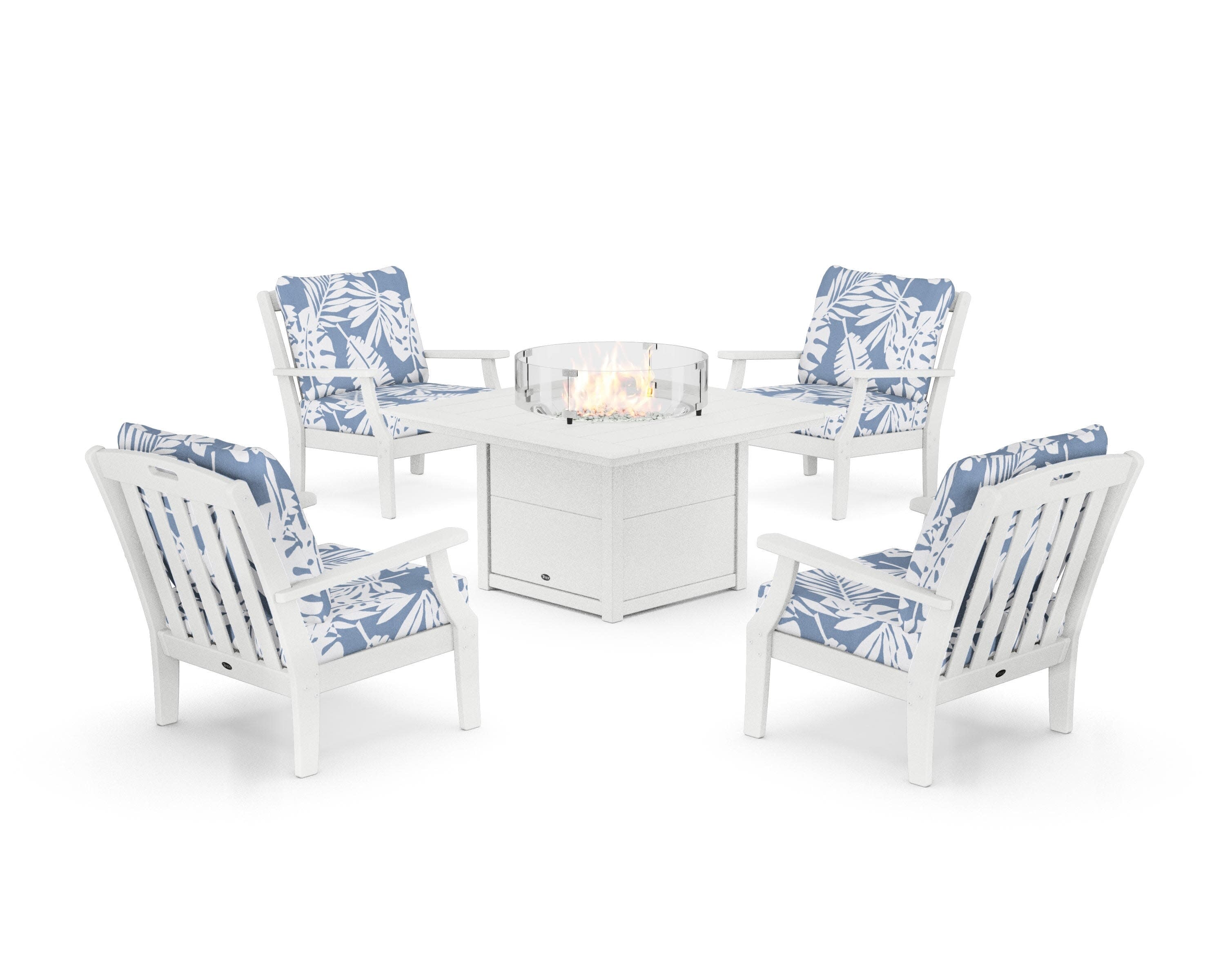 Yacht Club 5-Piece Deep Seating Set with Square Fire Pit Table in Classic White / Leaf Sky Blue