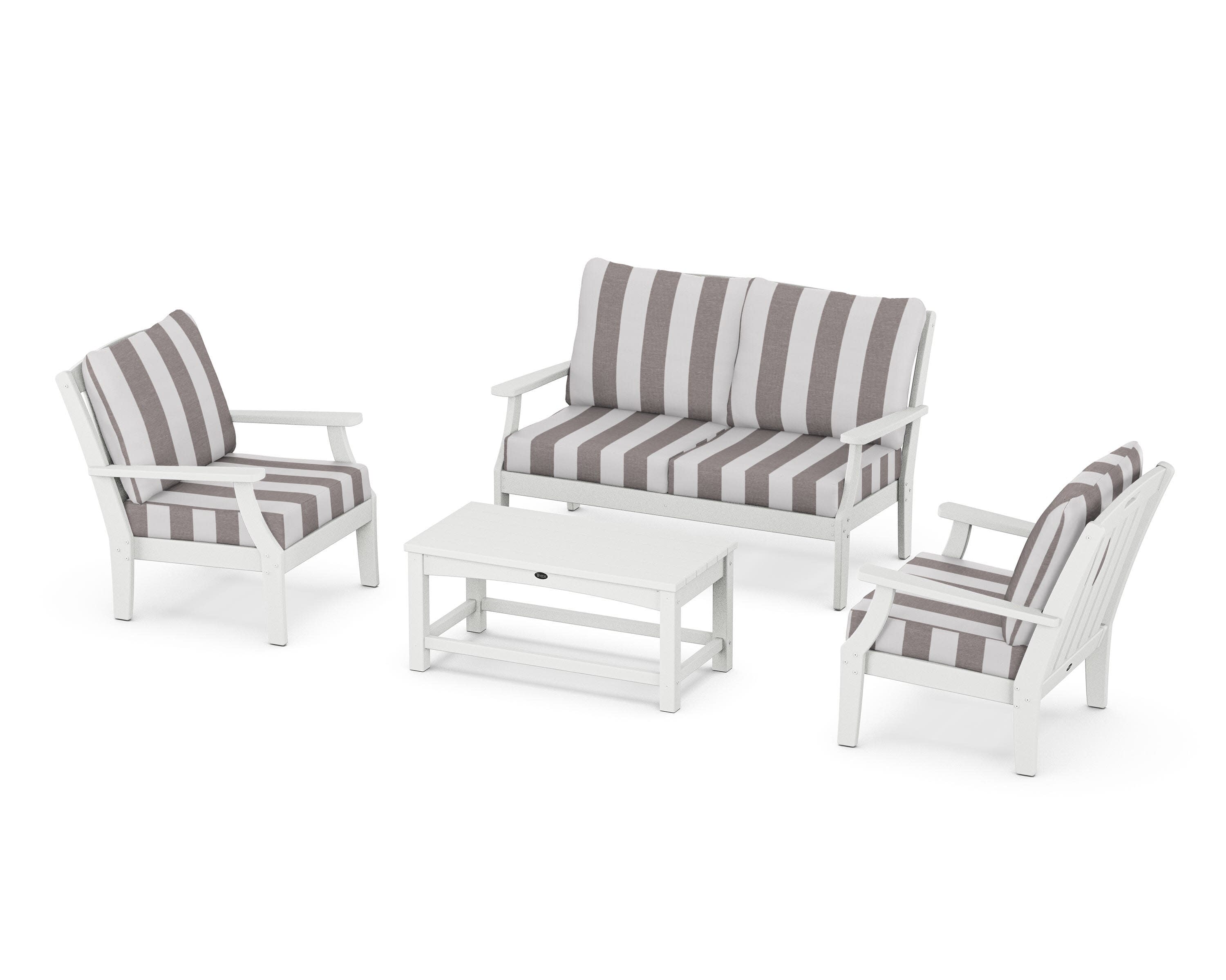 Yacht Club 4-Piece Deep Seating Chair Set in Classic White / Cabana Stripe Grey Mist