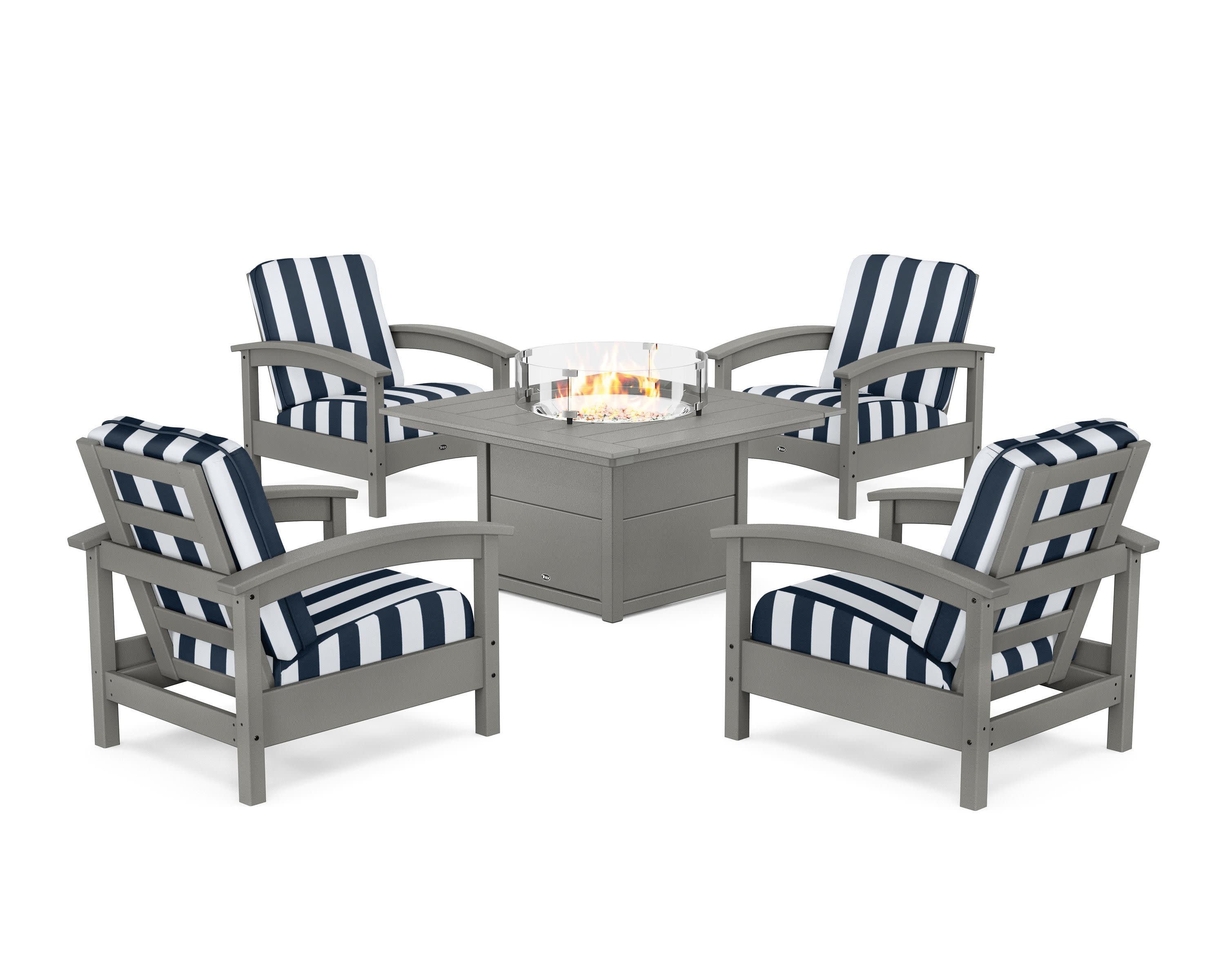 Rockport 5-Piece Deep Seating Set with Square Fire Pit Table in Stepping Stone / Cabana Stripe Marine Indigo