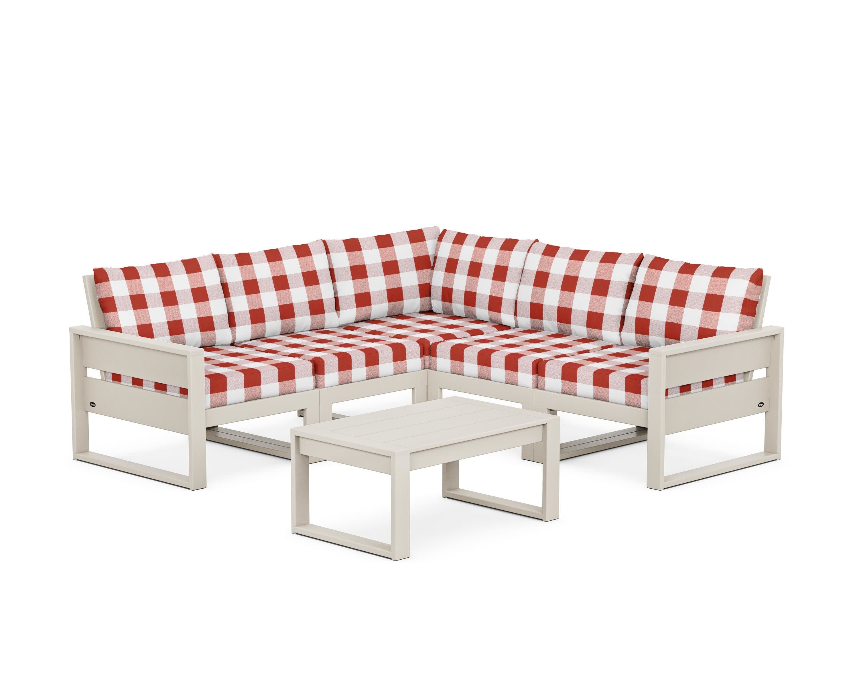 Eastport 6-Piece Deep Seating Sectional + Coffee Table Set in Sand Castle / Buffalo Plaid Crimson