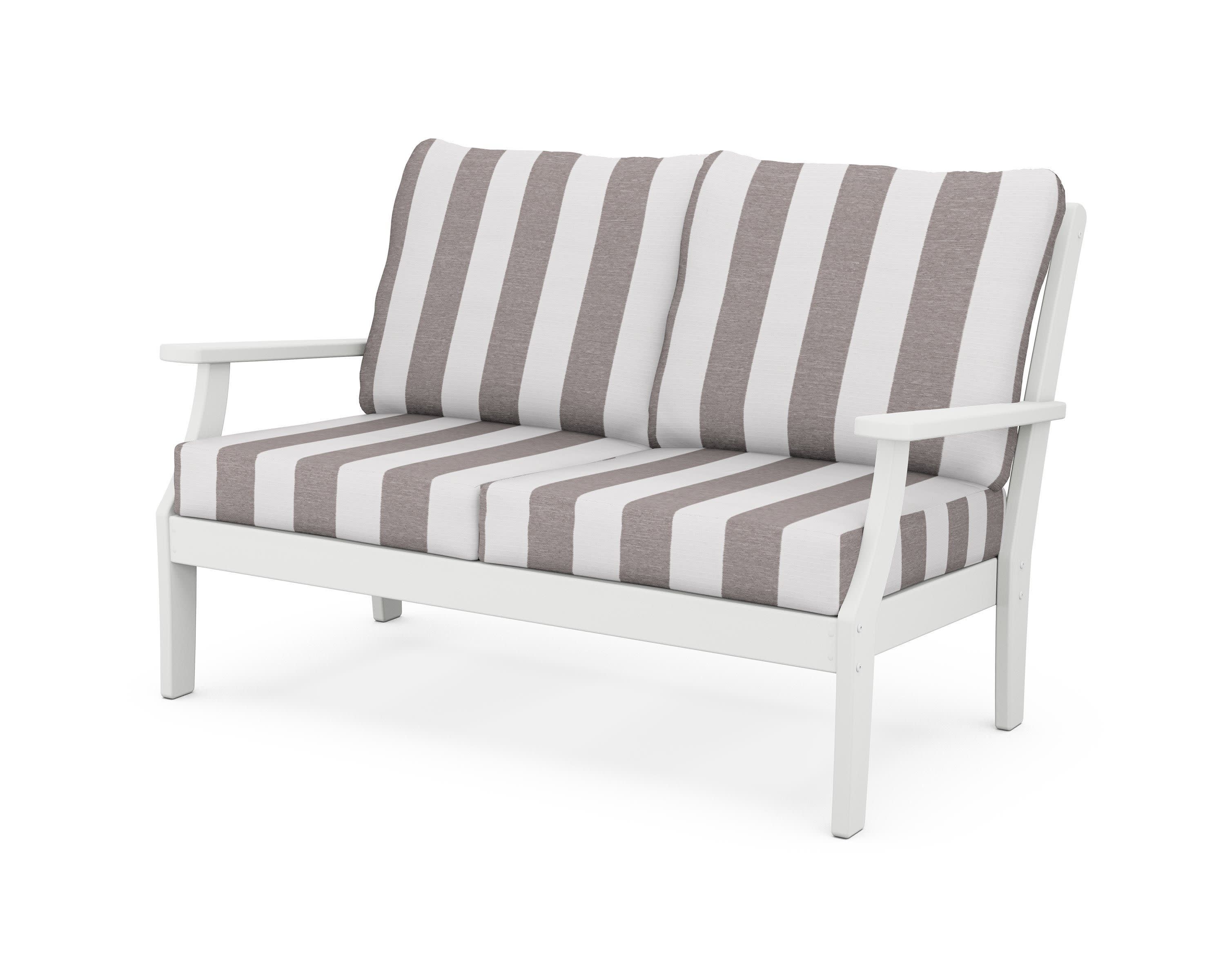 Yacht Club Deep Seating Loveseat in Classic White / Cabana Stripe Grey Mist