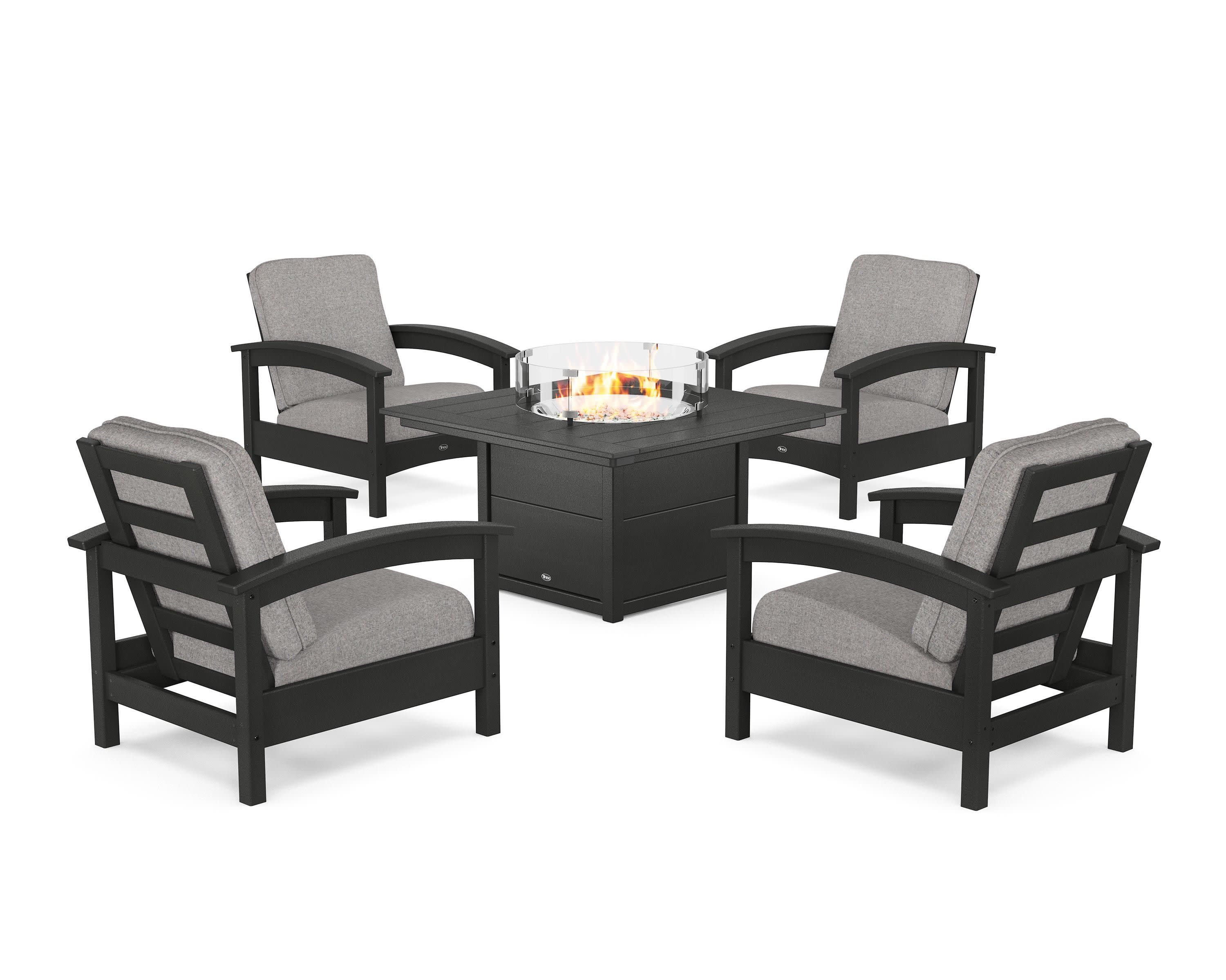 Rockport 5-Piece Deep Seating Set with Square Fire Pit Table in Charcoal Black / Grey Mist