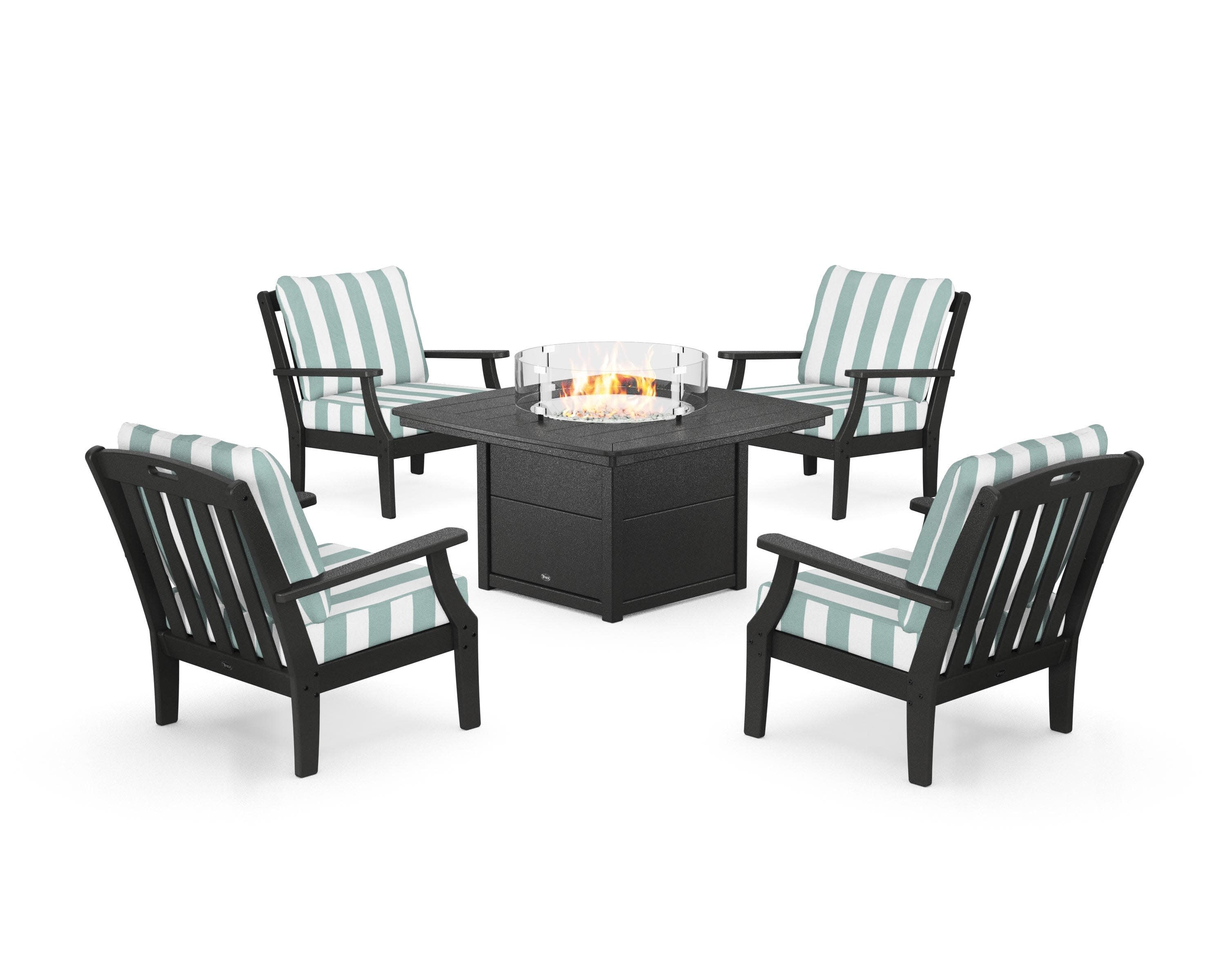 Yacht Club 5-Piece Deep Seating Set with Fire Pit Table in Charcoal Black / Cabana Stripe Glacier Spa