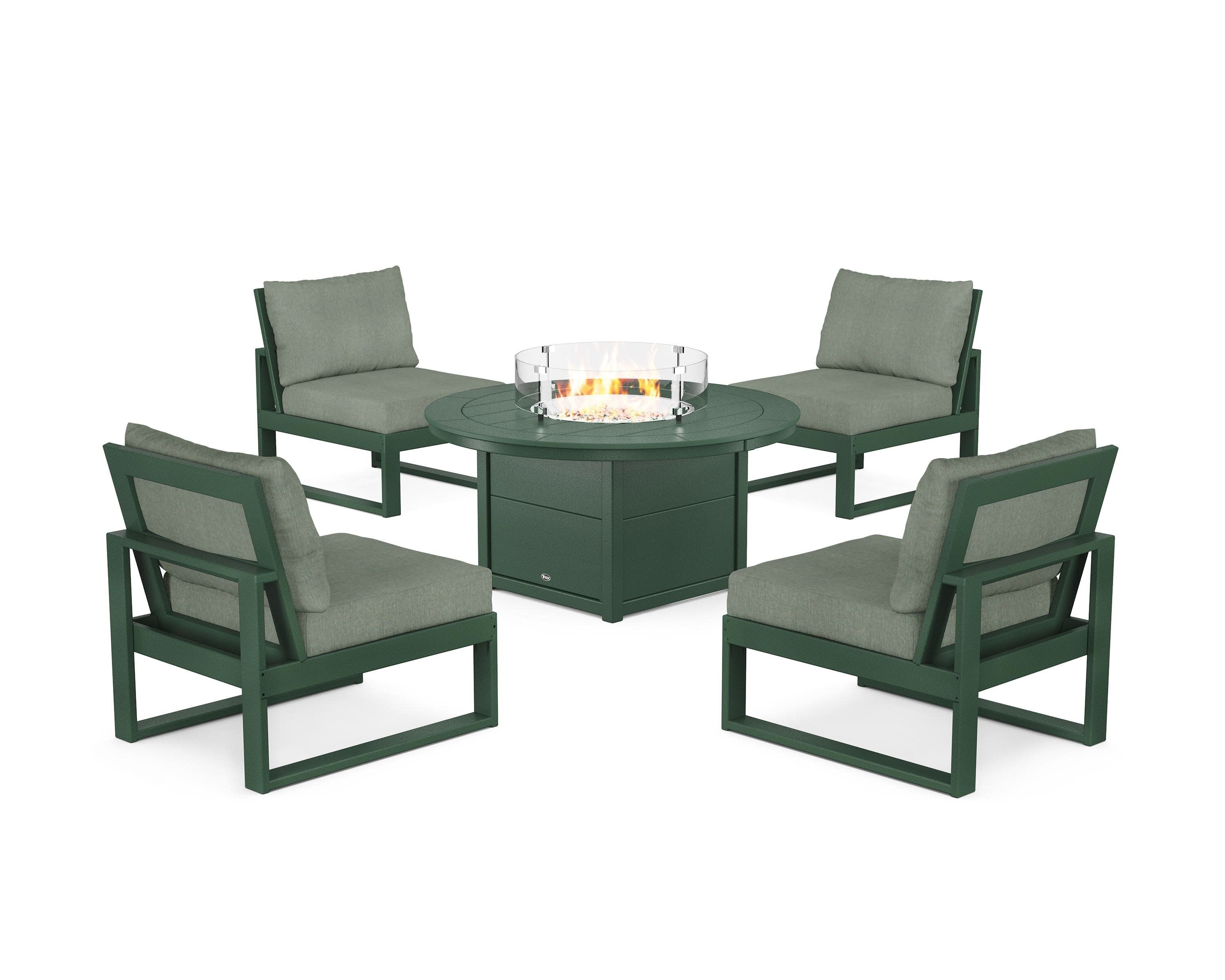 Eastport Modular 5-Piece Deep Seating Set with Round Fire Pit Table in Rainforest Canopy / Cast Sage