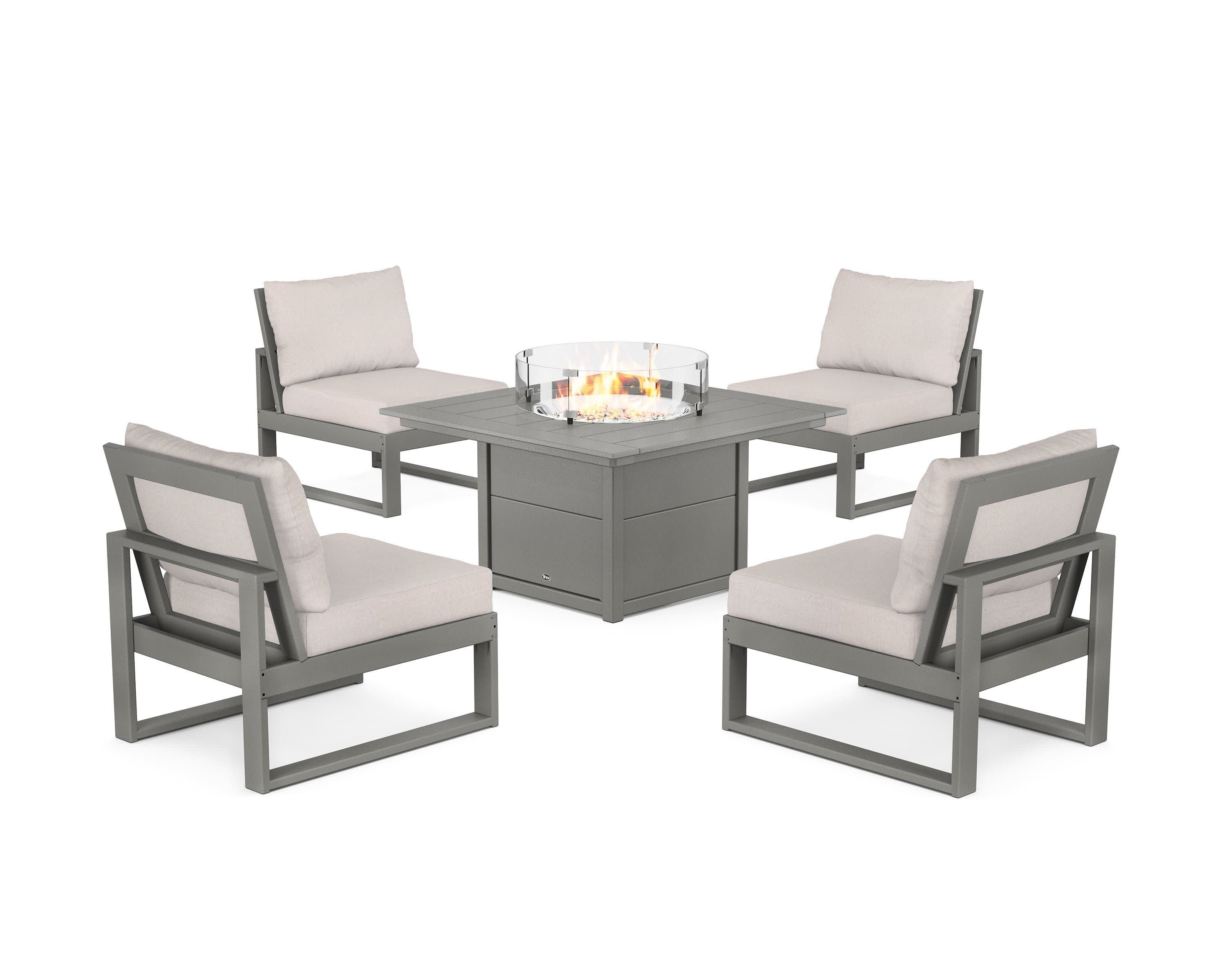 Eastport Modular 5-Piece Deep Seating Set with Square Fire Pit Table in Stepping Stone / Dune Burlap
