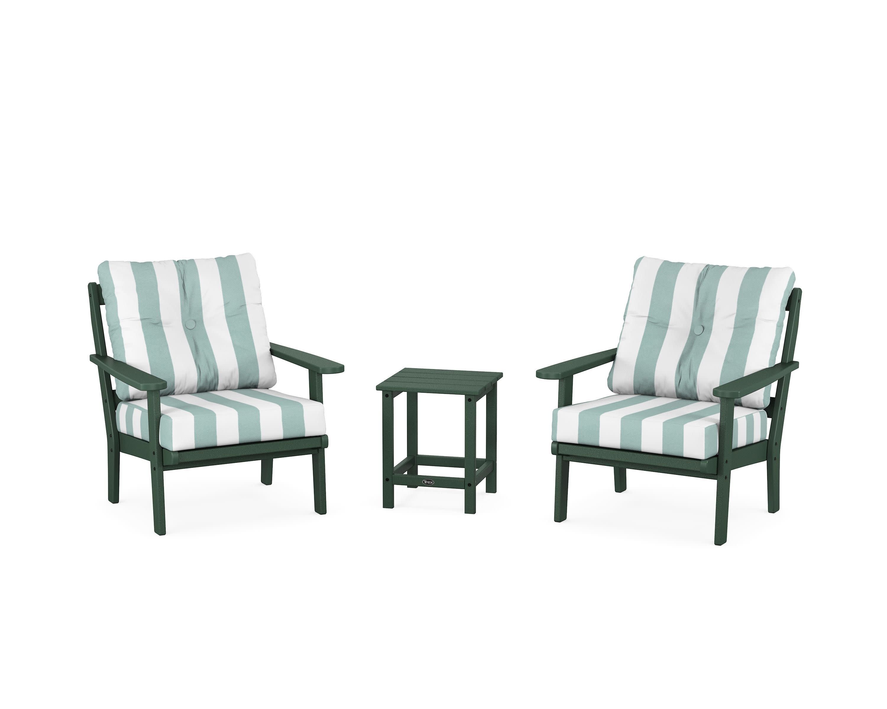 Cape Cod 3-Piece Deep Seating Set in Rainforest Canopy / Cabana Stripe Glacier Spa
