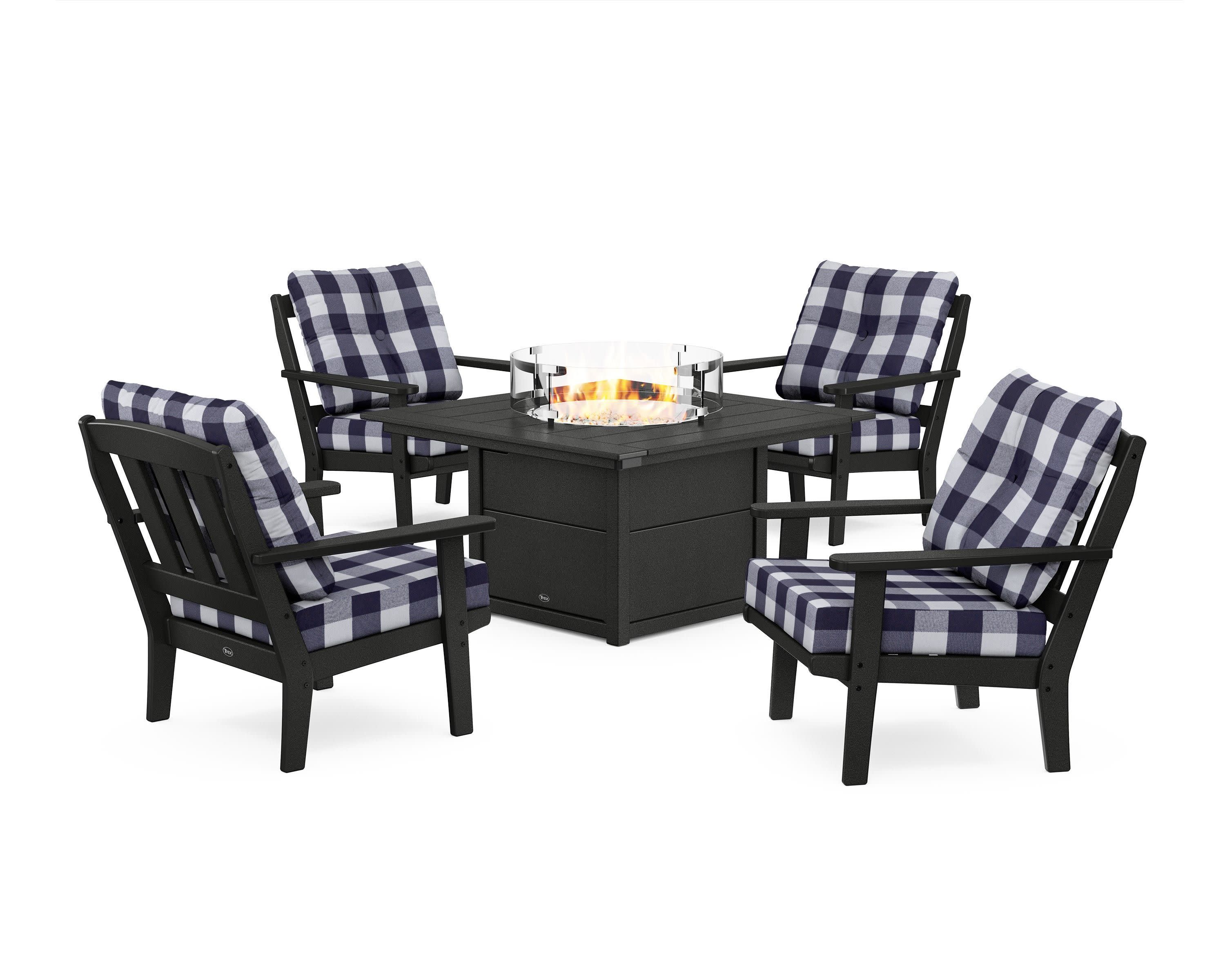 Cape Cod 5-Piece Deep Seating Set with Fire Pit Table in Charcoal Black / Buffalo Plaid Navy