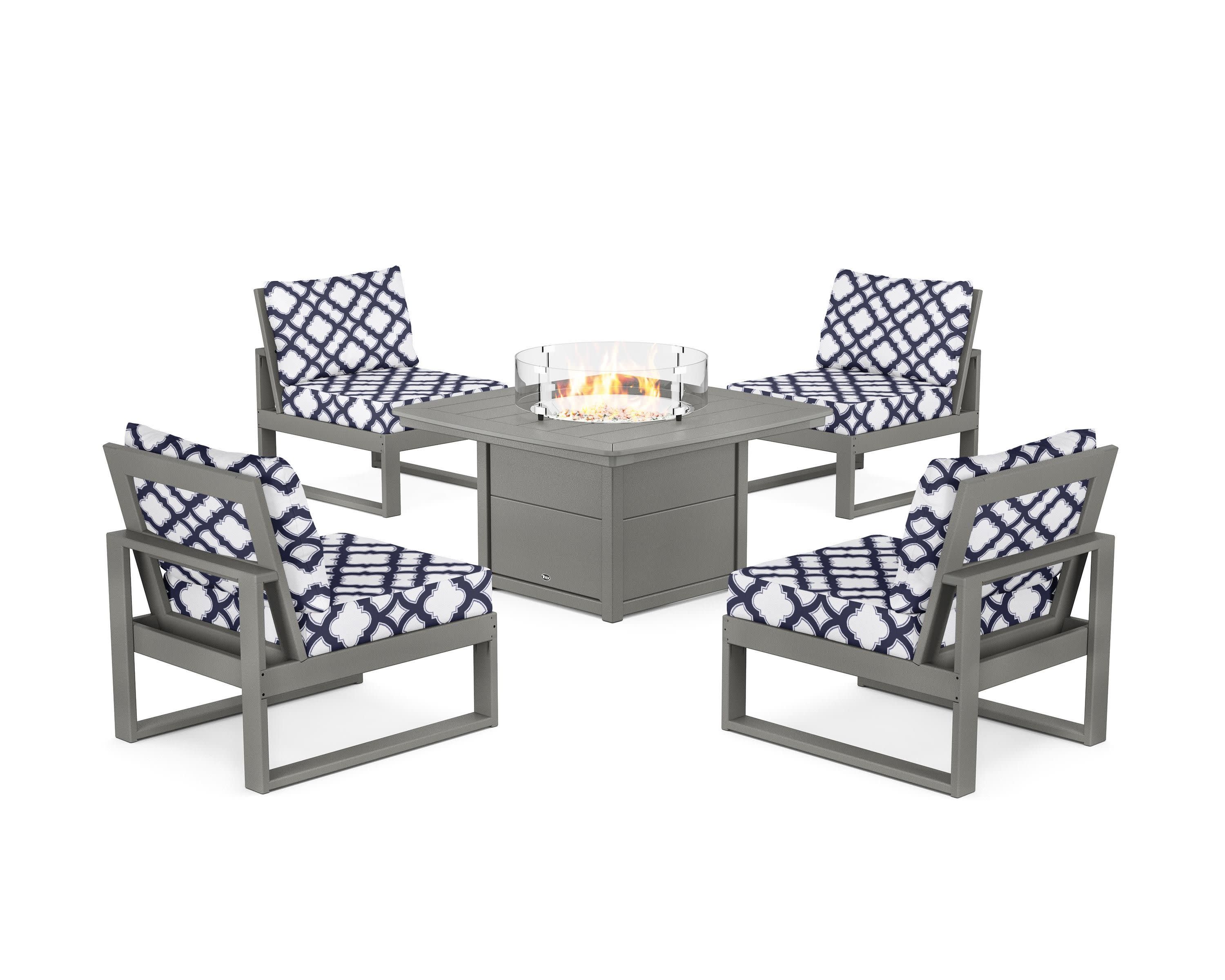 Eastport Modular 5-Piece Deep Seating Set with Yacht Club Fire Pit Table in Stepping Stone / Trellis Navy