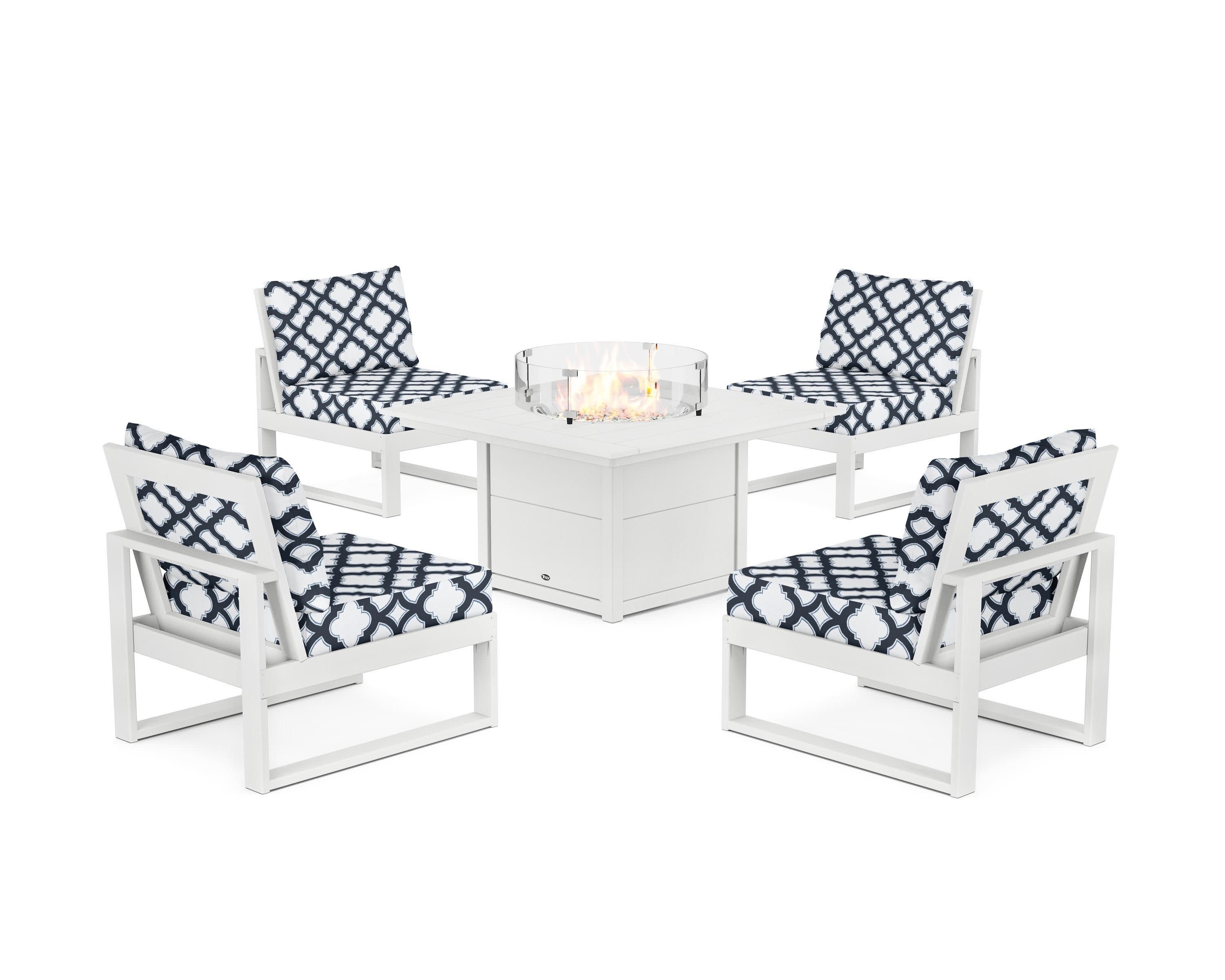 Eastport Modular 5-Piece Deep Seating Set with Square Fire Pit Table in Classic White / Trellis Marine Indigo