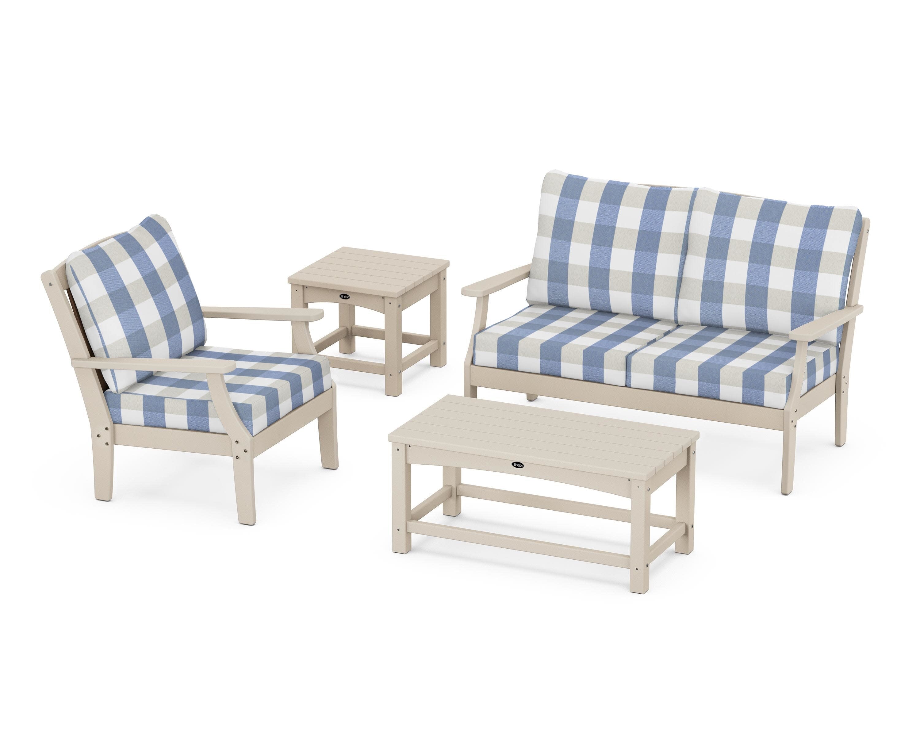 Yacht Club 4-Piece Deep Seating Set in Sand Castle / Buffalo Plaid Sky Blue
