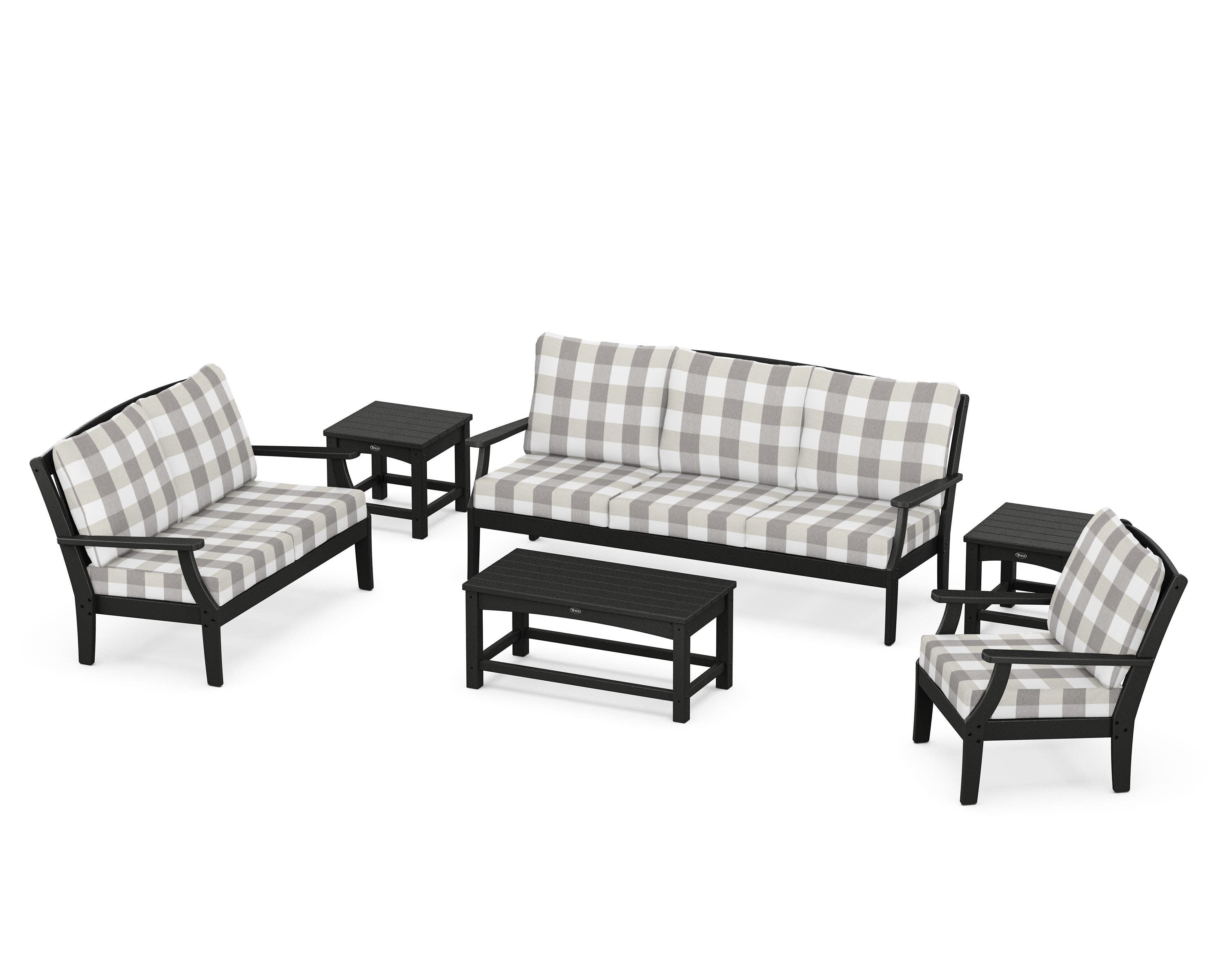 Yacht Club 6-Piece Deep Seating Set in Charcoal Black / Buffalo Plaid Grey Mist