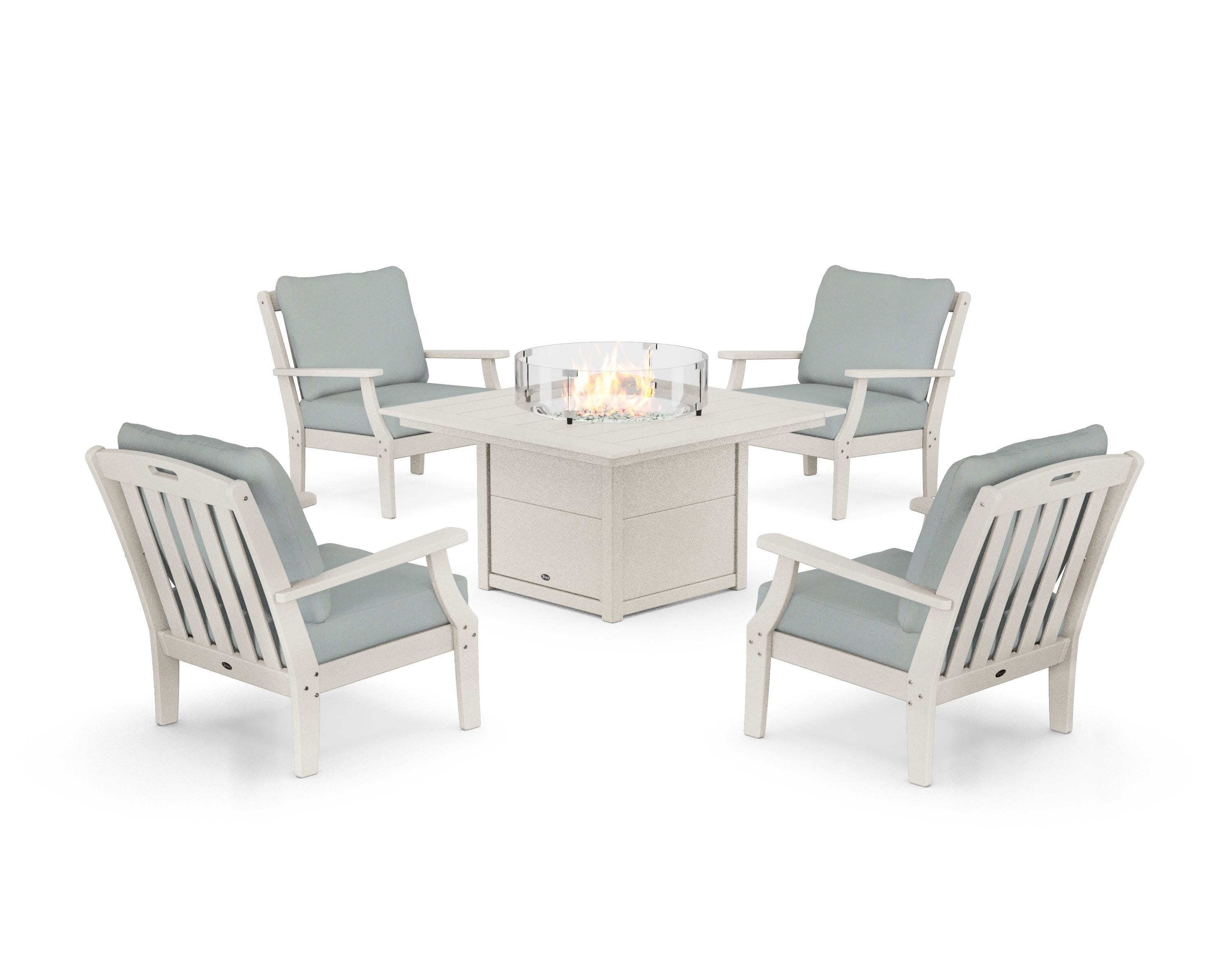 Yacht Club 5-Piece Deep Seating Set with Square Fire Pit Table in Sand Castle / Spa