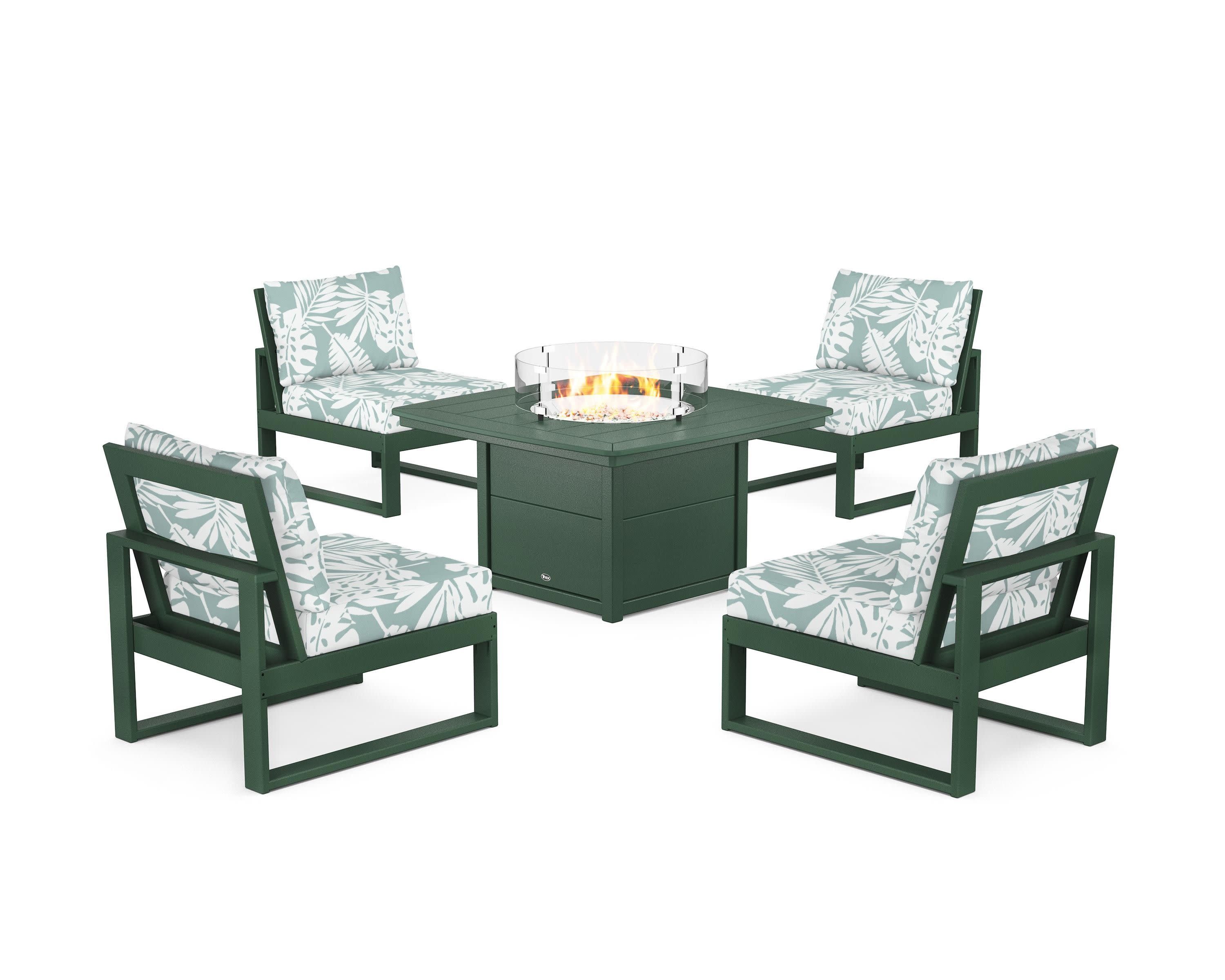 Eastport Modular 5-Piece Deep Seating Set with Yacht Club Fire Pit Table in Rainforest Canopy / Leaf Glacier Spa