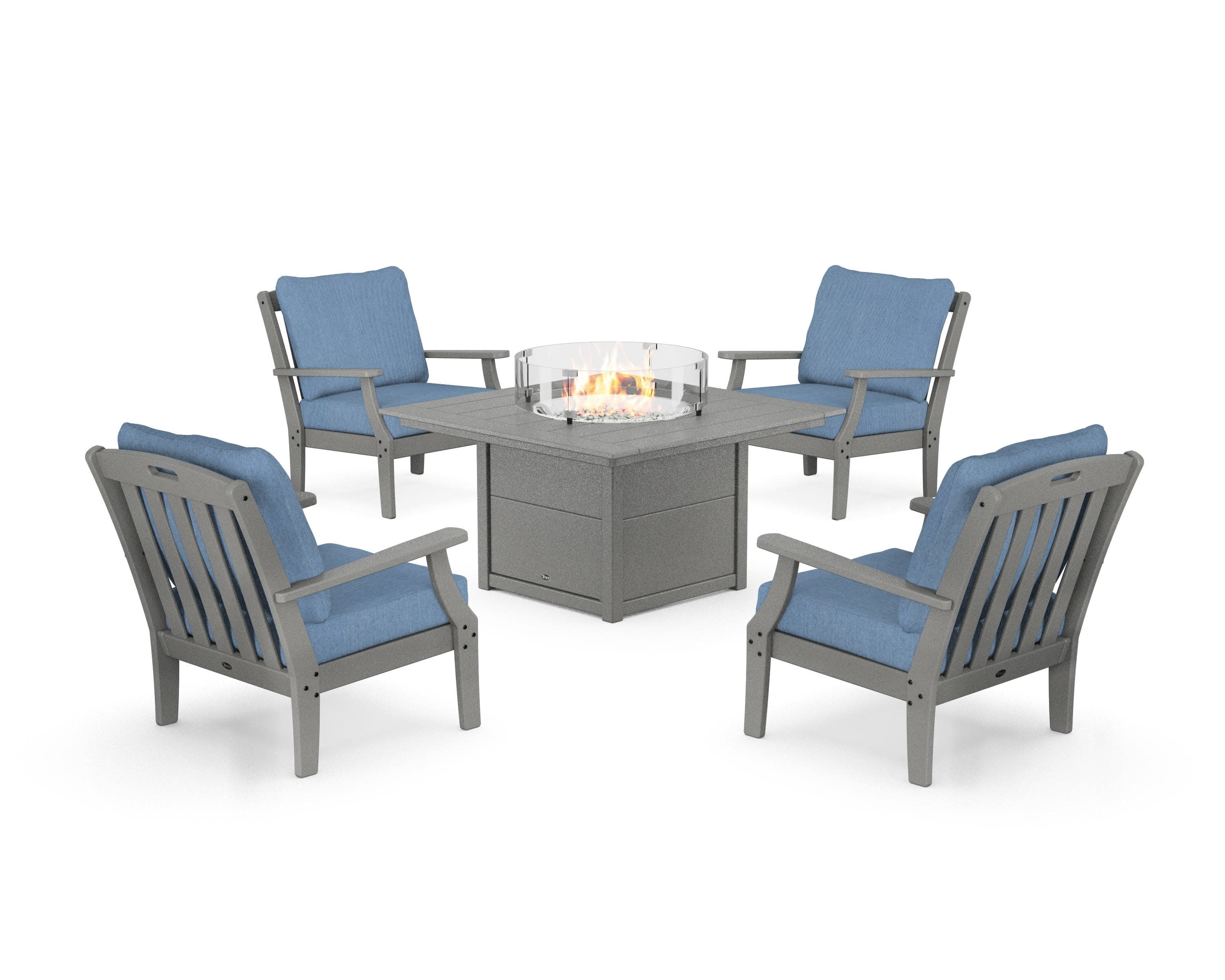Yacht Club 5-Piece Deep Seating Set with Square Fire Pit Table in Stepping Stone / Sky Blue