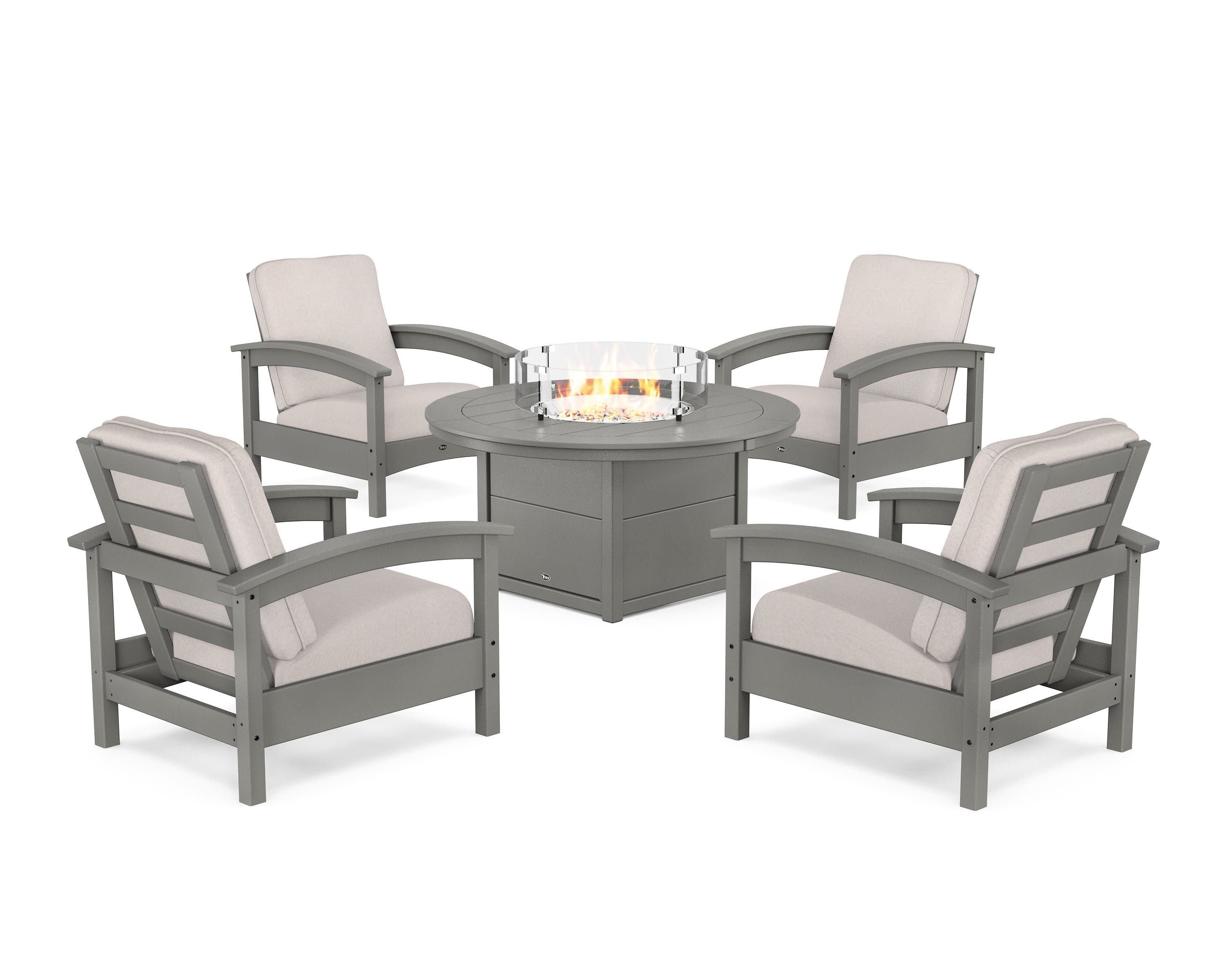 Rockport 5-Piece Deep Seating Set with Round Fire Pit Table in Stepping Stone / Dune Burlap