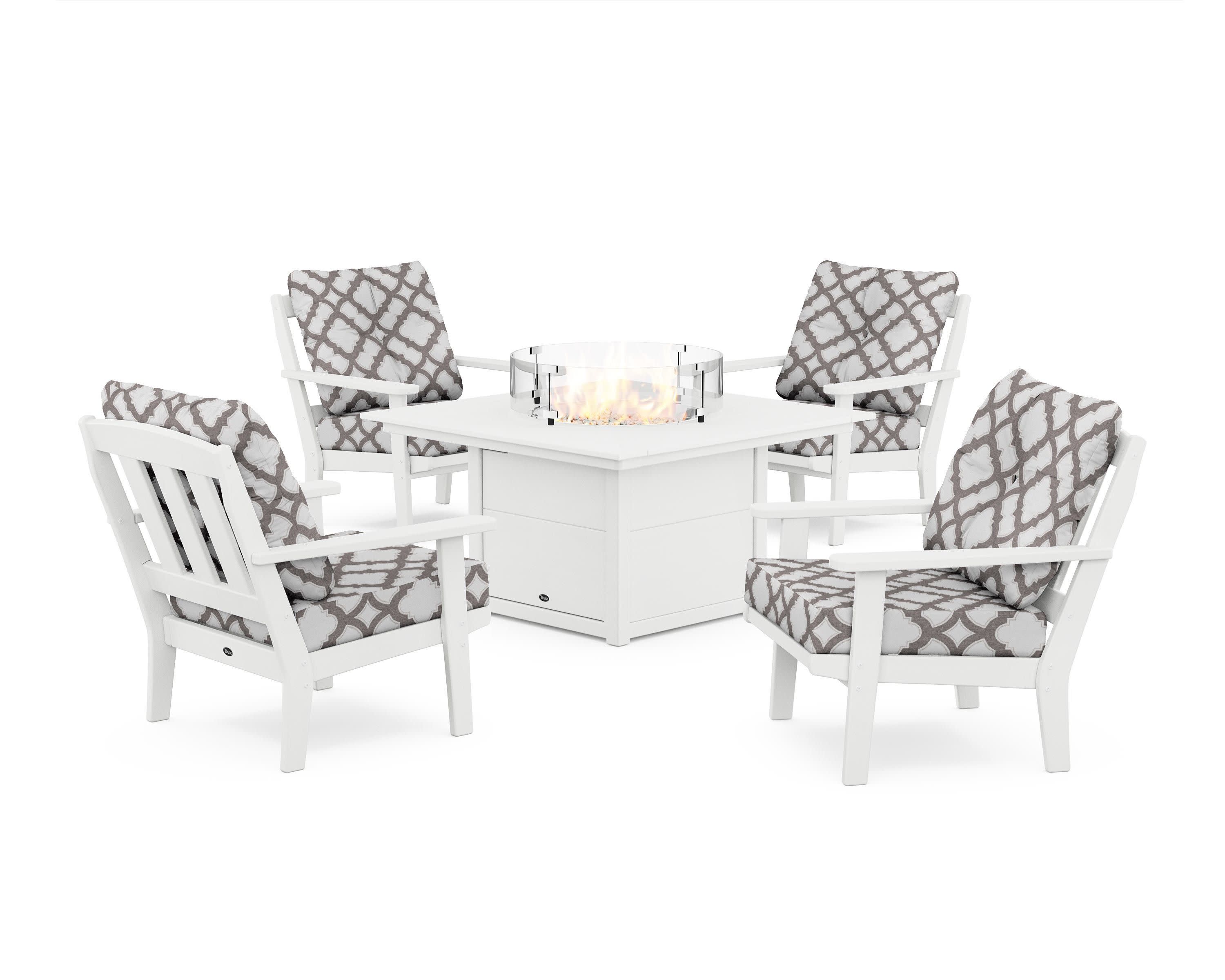 Cape Cod 5-Piece Deep Seating Set with Fire Pit Table in Classic White / Trellis Grey Mist