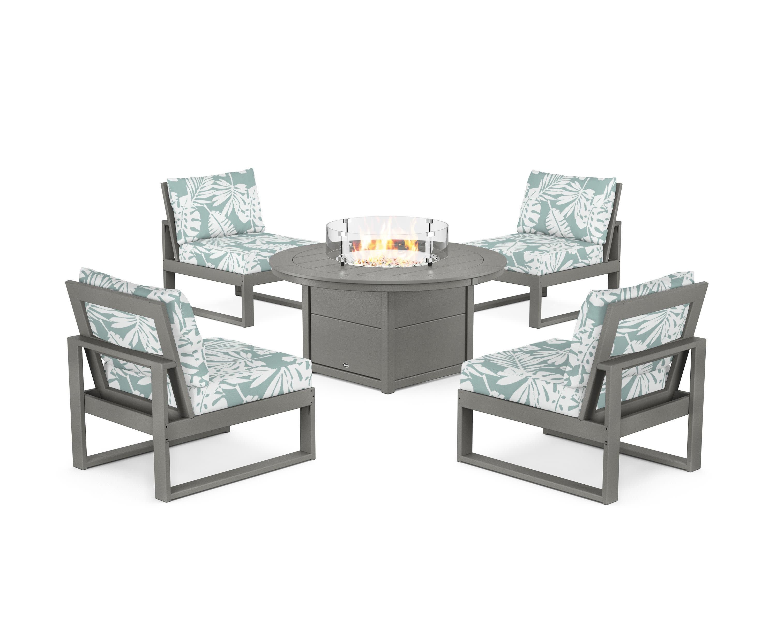 Eastport Modular 5-Piece Deep Seating Set with Round Fire Pit Table in Stepping Stone / Leaf Glacier Spa