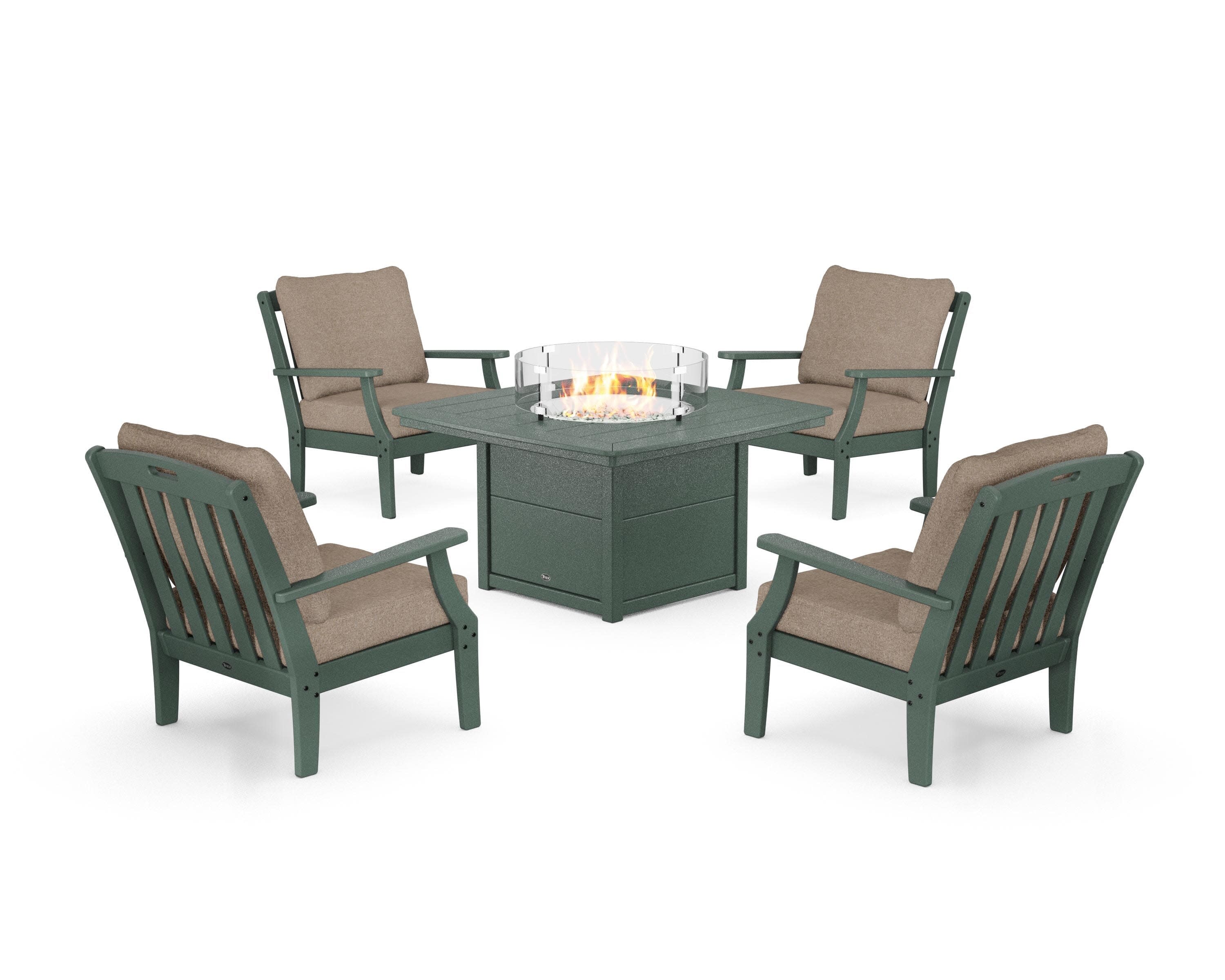 Yacht Club 5-Piece Deep Seating Set with Fire Pit Table in Rainforest Canopy / Spiced Burlap